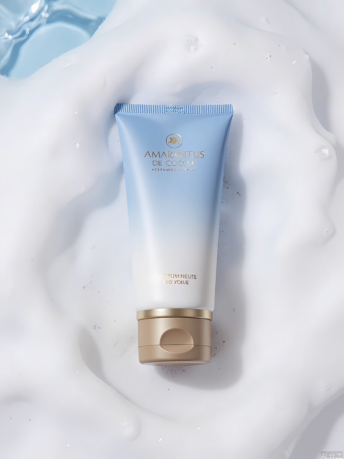 PMCJ, A photograph of a cosmetic product, a facial mask, set against a snowy background. The mask is white with a blue gradient, and gold accents, including a gold cap and a gold band near the bottom. The product is placed in a clear plastic container with a gold base. The snowy background is detailed with white and blue tones, creating a cold and wintry atmosphere. The product label reads "AMARANTUS DE COCOA FACE MASK," and the brand logo is visible at the top. The image has a clean, professional aesthetic with a focus on the product and its packaging.