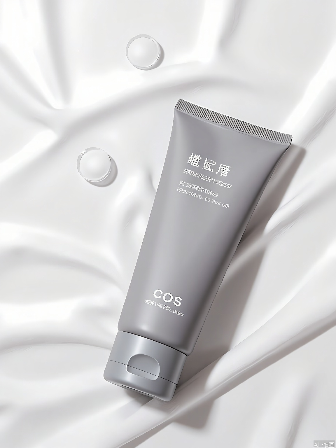 PMCJ, A photograph of a skincare product, specifically a cream, with a modern and minimalistic design. The product is housed in a sleek, gray tube with a silver cap. The label is in both English and Chinese, featuring the brand name "COS" and the product name "Clean pores & less oil." The background is a textured, white fabric, with subtle, overlapping bubbles scattered across it. The lighting is soft and diffused, creating a clean and professional aesthetic. The overall style is contemporary and sophisticated, emphasizing the product's high-quality and effective nature.