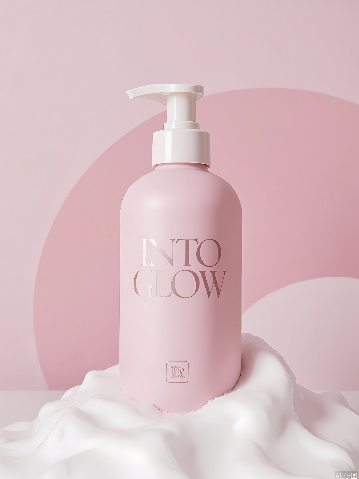 PMCJ, Photo of a pink bottle of "Into Glow" face wash, standing on a surface covered with white foam. The bottle has a pump dispenser and is placed on a soft pink background with a gradient effect. The text "Into Glow" is prominently displayed on the bottle in large, elegant letters. The bottle has a minimalist design with a small logo at the bottom. The lighting is soft and even, creating a gentle and inviting atmosphere. The overall aesthetic is clean and modern.