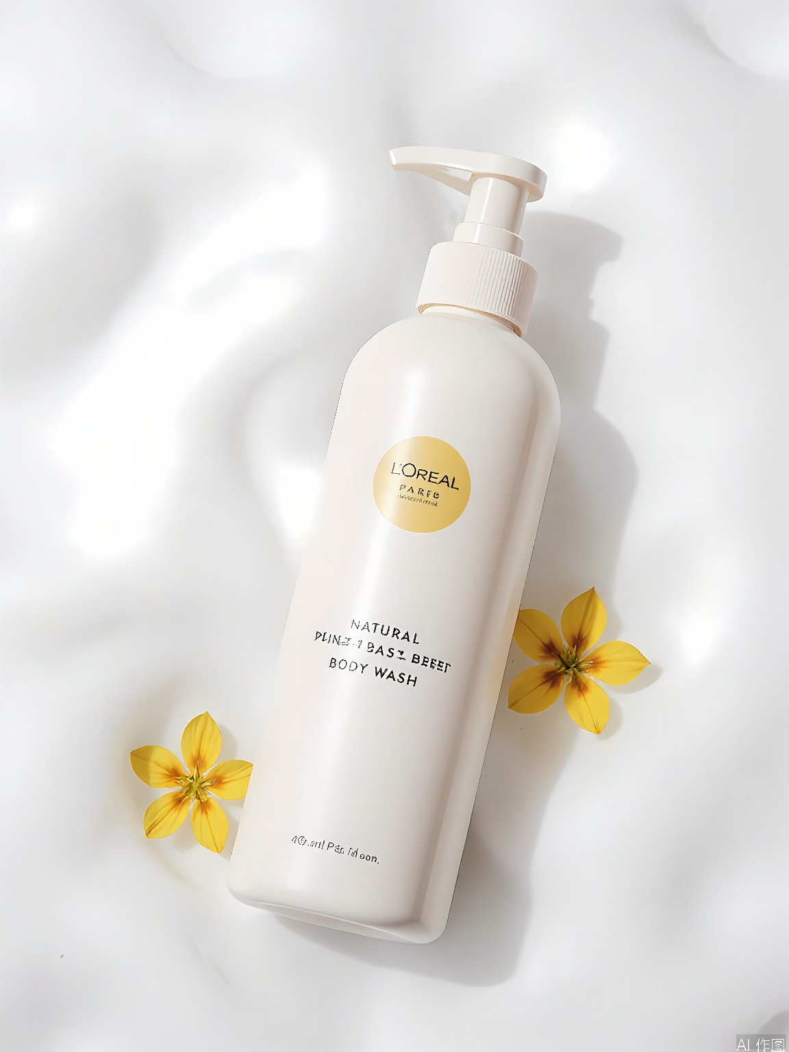 PMCJ, A bottle of natural plant-based body wash, labeled "L'Oréal Paris" with a yellow circular logo, placed on a surface covered with white foam bubbles. The bottle is white with a pump dispenser and the text "Natural Plant-Based Body Wash" on the label. Surrounding the bottle are small yellow flowers, adding a touch of color. The background is a soft, white, frothy texture, suggesting a spa or shower setting. The image is bright and clean, with a minimalist aesthetic.