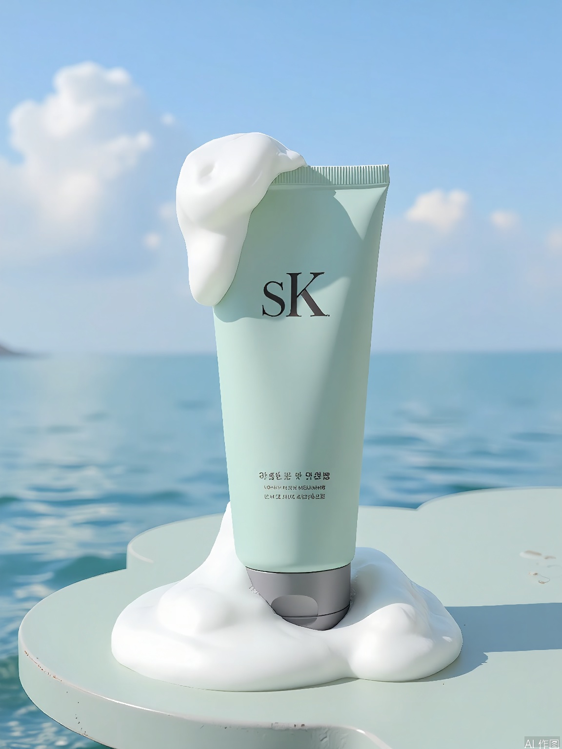 PMCJ, A photograph of a light mint green tube of skincare product, labeled "SK-II," with a white, fluffy, whipped cream-like substance spilling over its top and sides. The tube is placed on a pale green, irregularly shaped surface, with more of the whipped cream substance scattered around it. The background features a clear blue sky with fluffy white clouds, and a serene, calm body of water at the bottom, creating a peaceful, tranquil atmosphere. The image is bright and airy, with a soft, pastel color palette.