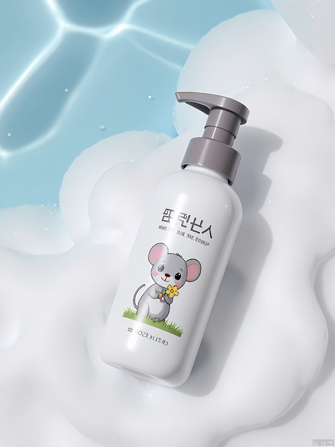 PMCJ, A photograph of a bottle of hand soap, placed on a bed of white foam bubbles. The bottle is white with a gray pump, and features a cute cartoon mouse illustration on the label. The mouse is holding a small yellow flower. The background is a soft, wavy texture in a light blue color, giving a calming and refreshing feel. The bottle is positioned diagonally, with the pump facing the right side of the image. The overall aesthetic is clean and modern, with a focus on natural and gentle elements.
