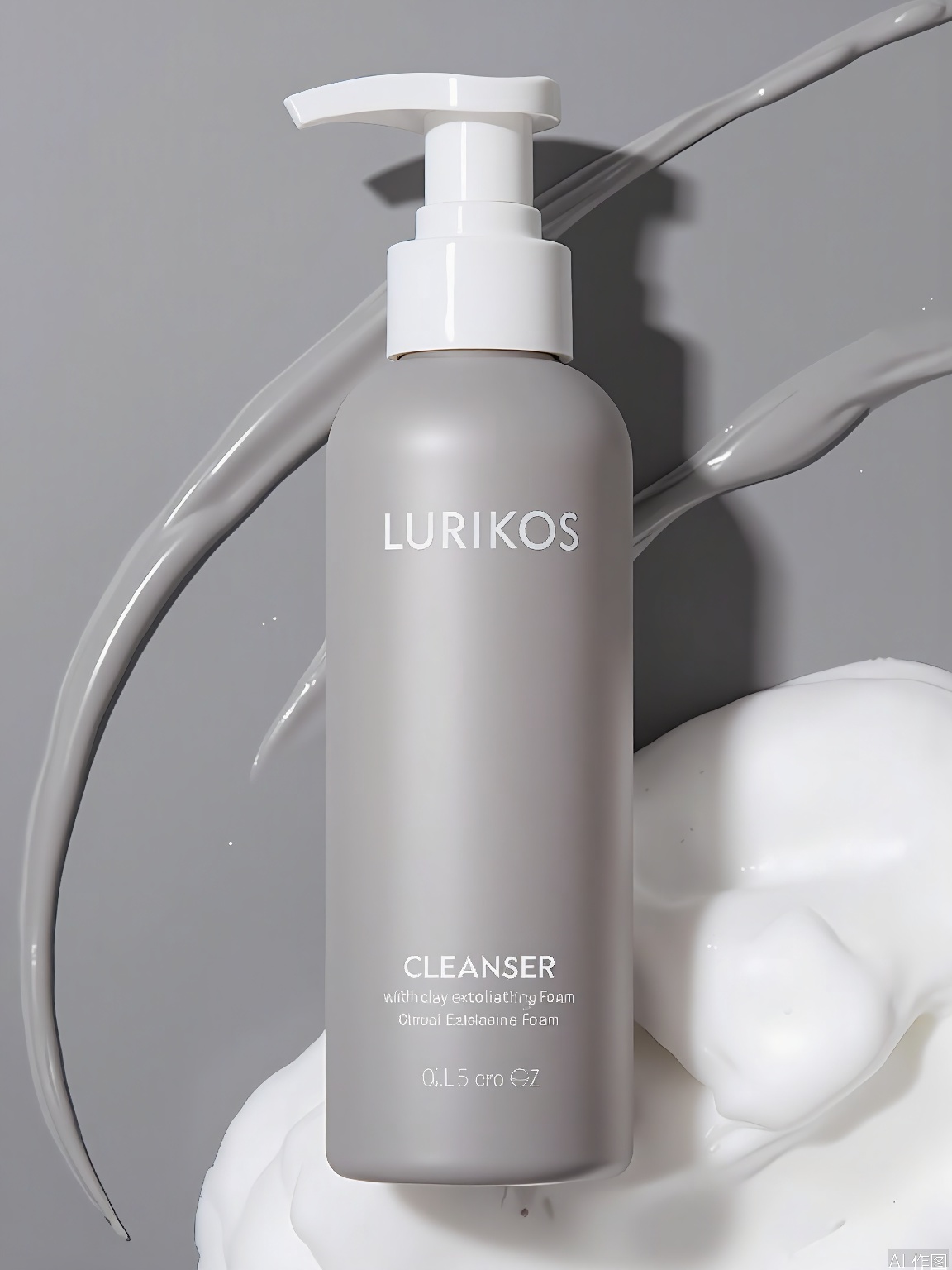 PMCJ, A photograph of a sleek, modern, minimalist skincare product packaging. The product is a "Lurikos" "Cleanser" with "Clay Exfoliating Foam." The bottle is a frosted, light grey color with a white cap and a white pump dispenser. The background features a smooth, flowing, grey "clay" texture, with a white, foam-like substance on the right side. The text on the packaging is clean and elegant, with the brand name "Lurikos" at the top. The overall aesthetic is clean, sophisticated, and luxurious.