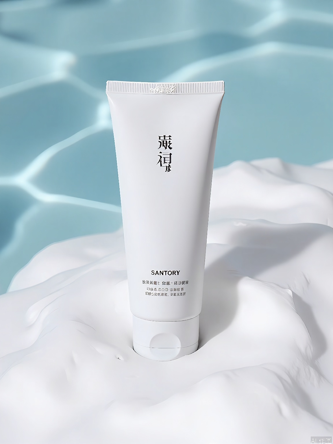 PMCJ, A photograph of a white tube of skincare product, placed on a textured, white, foam-like surface. The product is labeled "Santory" with text in both English and Japanese. The background is a soft, blurred blue, creating a serene and calming atmosphere. The lighting is soft and diffused, highlighting the smooth texture of the foam and the sleek design of the tube. The overall aesthetic is minimalistic and modern, with a focus on clean lines and simple, elegant design.