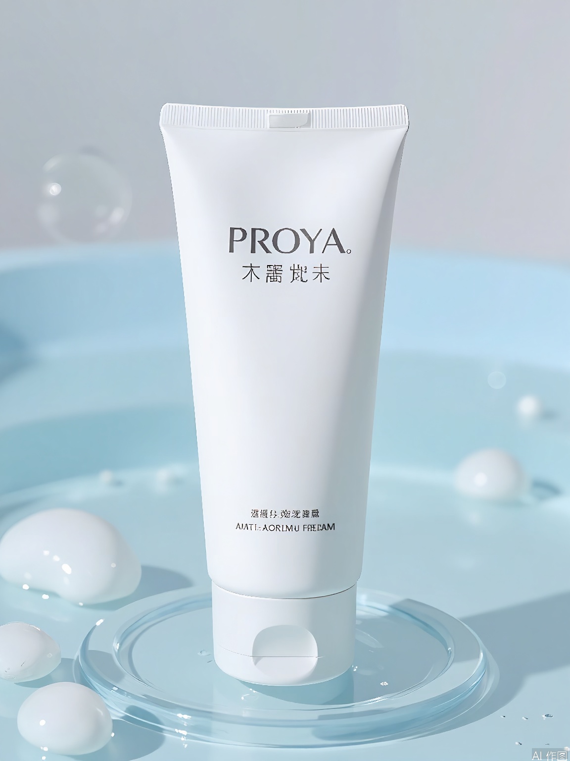 PMCJ, A photograph of a white, cylindrical tube of Proya skincare cream, with a label that reads "Proya Anti-Aging Cream" in English and Chinese. The tube is standing upright in a shallow pool of water, with bubbles and ripples around it, giving a fresh and clean aesthetic. The background is a blurred, light blue gradient, enhancing the focus on the product. The lighting is soft and natural, highlighting the purity of the product. The overall style is minimalist and modern, emphasizing the product's effectiveness and freshness.