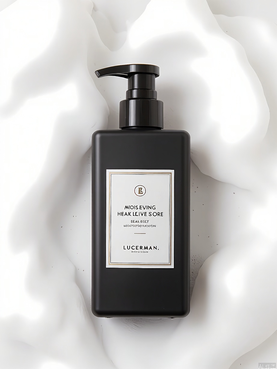 PMCJ, A close-up photograph of a black, square-shaped bottle of LUCEMAN Black Sea Salt and Moisturizing Face Wash. The bottle is placed on a white, frothy soap bubble surface. The label is white with black text and the LUCEMAN logo. The background is a soft, white, soapy texture. The lighting is soft and even, highlighting the bottle and the soap bubbles. The overall aesthetic is clean and luxurious.
