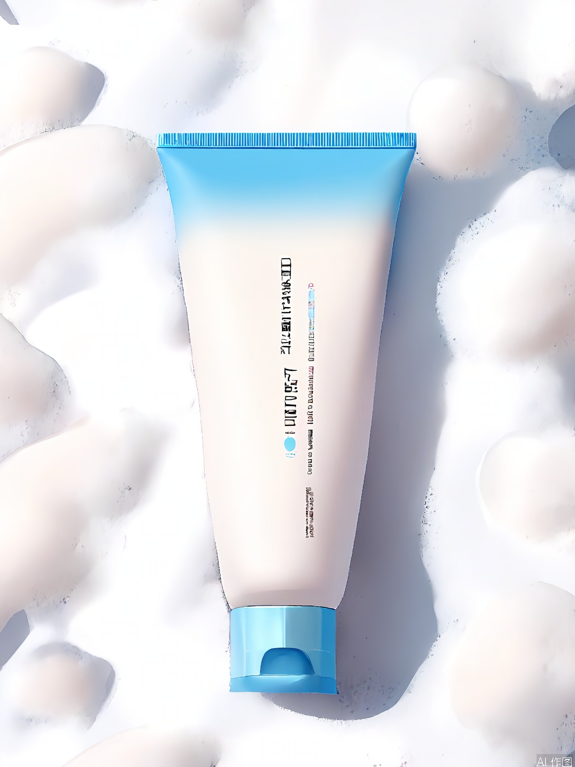 PMCJ, A photograph of a white tube of skincare product, placed on a textured, white, foam-like surface. The product is labeled "Santory" with text in both English and Japanese. The background is a soft, blurred blue, creating a serene and calming atmosphere. The lighting is soft and diffused, highlighting the smooth texture of the foam and the sleek design of the tube. The overall aesthetic is minimalistic and modern, with a focus on clean lines and simple, elegant design.
