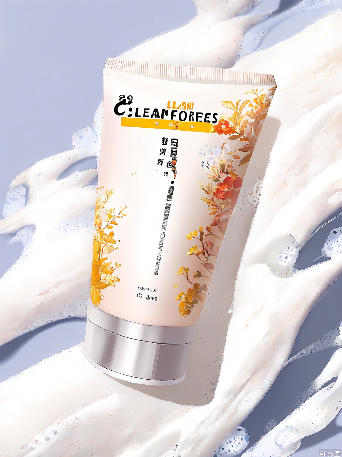 PMCJ, A photograph of a skincare product, specifically a cream, with a modern and minimalistic design. The product is housed in a sleek, gray tube with a silver cap. The label is in both English and Chinese, featuring the brand name "COS" and the product name "Clean pores & less oil." The background is a textured, white fabric, with subtle, overlapping bubbles scattered across it. The lighting is soft and diffused, creating a clean and professional aesthetic. The overall style is contemporary and sophisticated, emphasizing the product's high-quality and effective nature.
