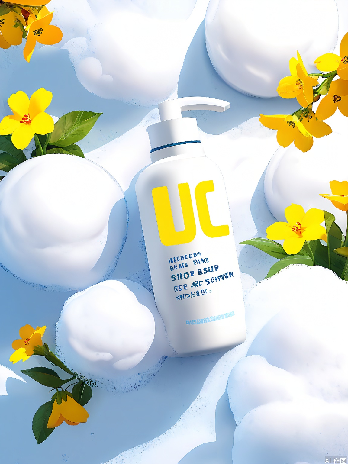 PMCJ, A bottle of natural plant-based body wash, labeled "L'Oréal Paris" with a yellow circular logo, placed on a surface covered with white foam bubbles. The bottle is white with a pump dispenser and the text "Natural Plant-Based Body Wash" on the label. Surrounding the bottle are small yellow flowers, adding a touch of color. The background is a soft, white, frothy texture, suggesting a spa or shower setting. The image is bright and clean, with a minimalist aesthetic.

