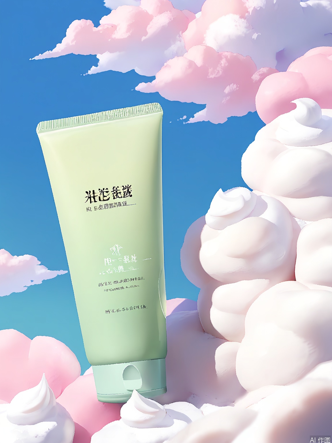 PMCJ, A photograph of a light mint green tube of skincare product, labeled "SK-II," with a white, fluffy, whipped cream-like substance spilling over its top and sides. The tube is placed on a pale green, irregularly shaped surface, with more of the whipped cream substance scattered around it. The background features a clear blue sky with fluffy white clouds, and a serene, calm body of water at the bottom, creating a peaceful, tranquil atmosphere. The image is bright and airy, with a soft, pastel color palette.
