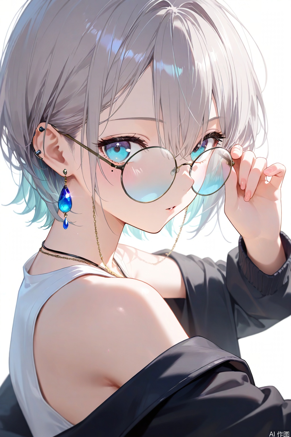 1girl, solo, looking at viewer, short hair, bangs, blue eyes, simple background, shirt, white background, hair between eyes, bare shoulders, jewelry, jacket, upper body, grey hair, earrings, parted lips, glasses, sleeveless, water, necklace, off shoulder, mole, black jacket, eyelashes, mole under eye, sleeveless shirt, piercing, ear piercing, round eyewear, eyewear strap