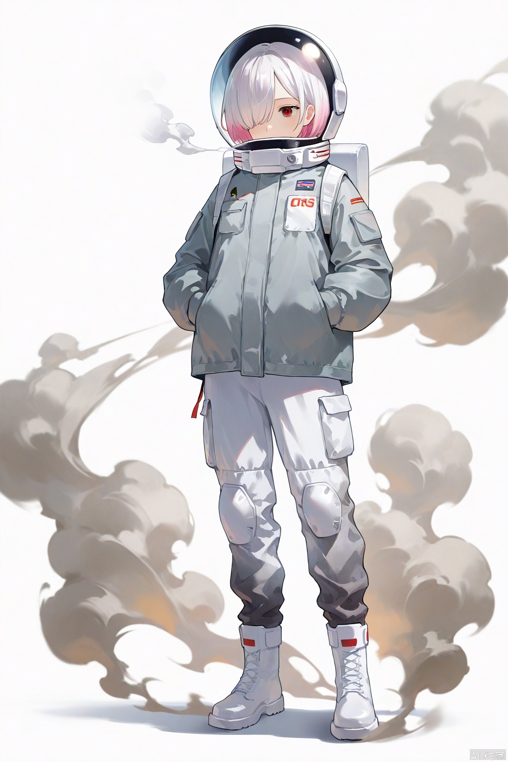 1girl,solo,white background,helmet,hands in pockets,simple background,boots,pink hair,full body,white footwear,smoke,hair over one eye,short hair,space helmet,white hair,personification,spacesuit,red eyes,long sleeves,covered mouth,grey jacket,