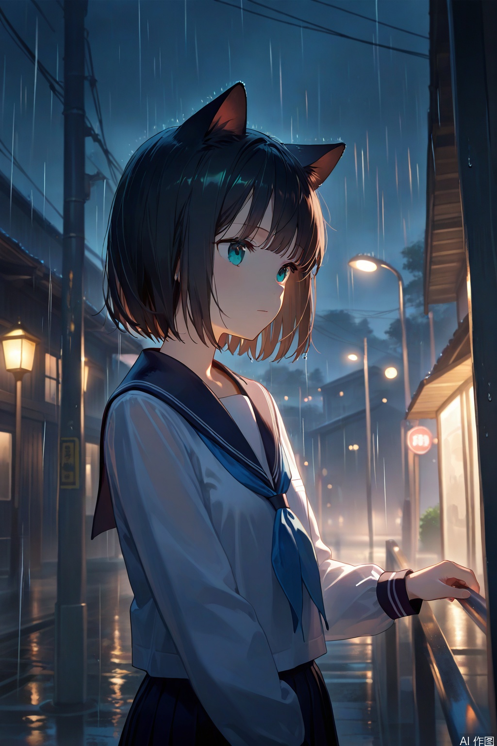 animal_ears,1girl,black_hair,sailor_collar,solo,short_hair,cat_ears,school_uniform,serafuku,black_sailor_collar,upper_body,rain,shirt,white_shirt,long_sleeves,night,closed_mouth,scenery,bangs,