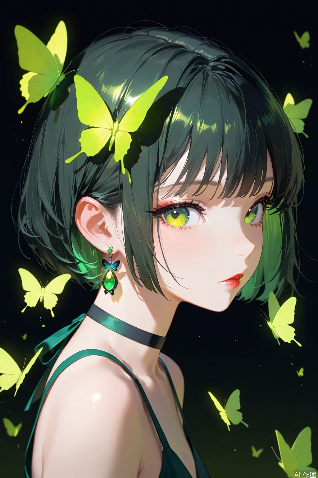 1girl,earrings,solo,jewelry,bug,black hair,green eyes,looking at viewer,butterfly,choker,green theme,portrait,dress,closed mouth,black background,sleeveless,red lips,from side,eyelashes,bare shoulders,black choker,lips,upper body,glowing,best quality,amazing quality,very aesthetic,
