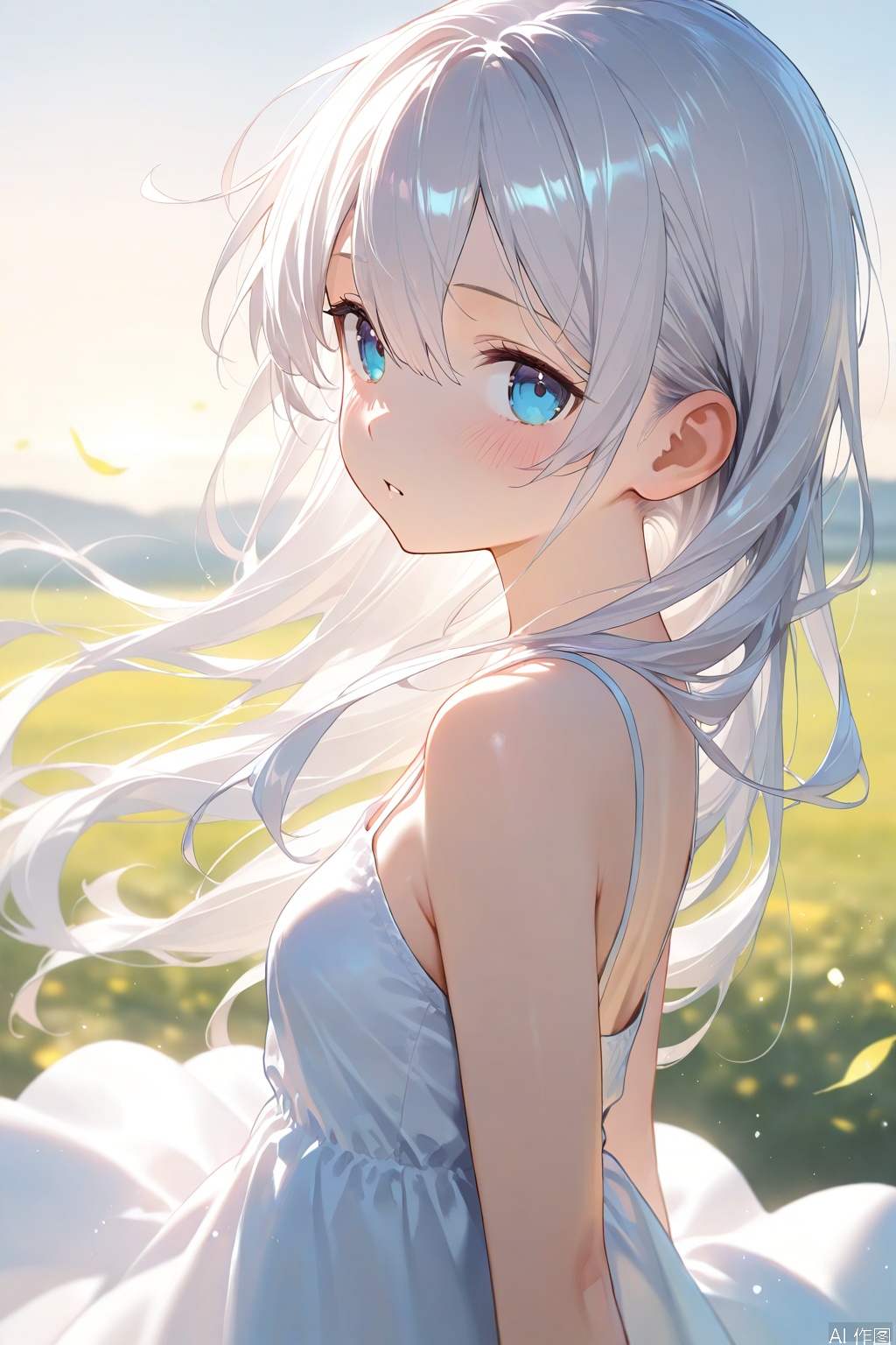 1girl, solo, long hair, breasts, looking at viewer, blush, bangs, blue eyes, dress, hair between eyes, bare shoulders, white hair, small breasts, parted lips, sleeveless, white dress, from side, bare arms, sleeveless dress, wind, hibiki \(kancolle\)