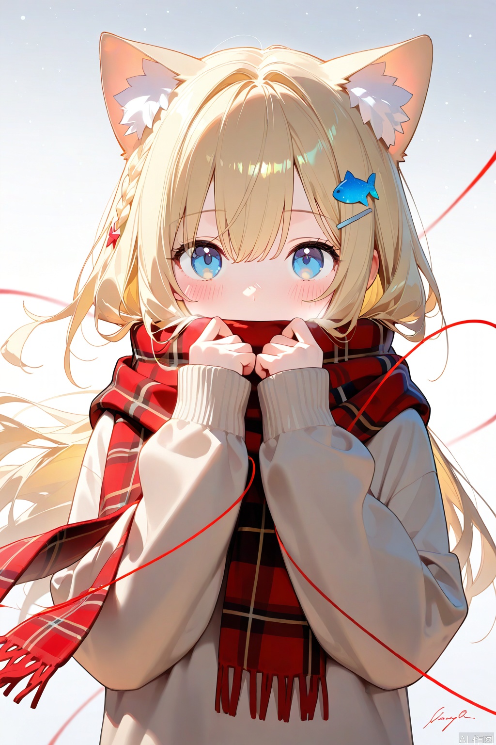 best quality,amazing quality,very aesthetic,1girl,solo,animal ears,scarf,hair ornament,blue eyes,long hair,blonde hair,bangs,looking at viewer,hair between eyes,red scarf,braid,star hair ornament,blush,cat ears,sleeves past wrists,long sleeves,gradient background,fish hair ornament,covered mouth,gradient,animal ear fluff,signature,sweater,upper body,plaid,grey background,white background,plaid scarf,floating hair,string of fate,brown sweater,star (symbol),enpera,hairclip,
