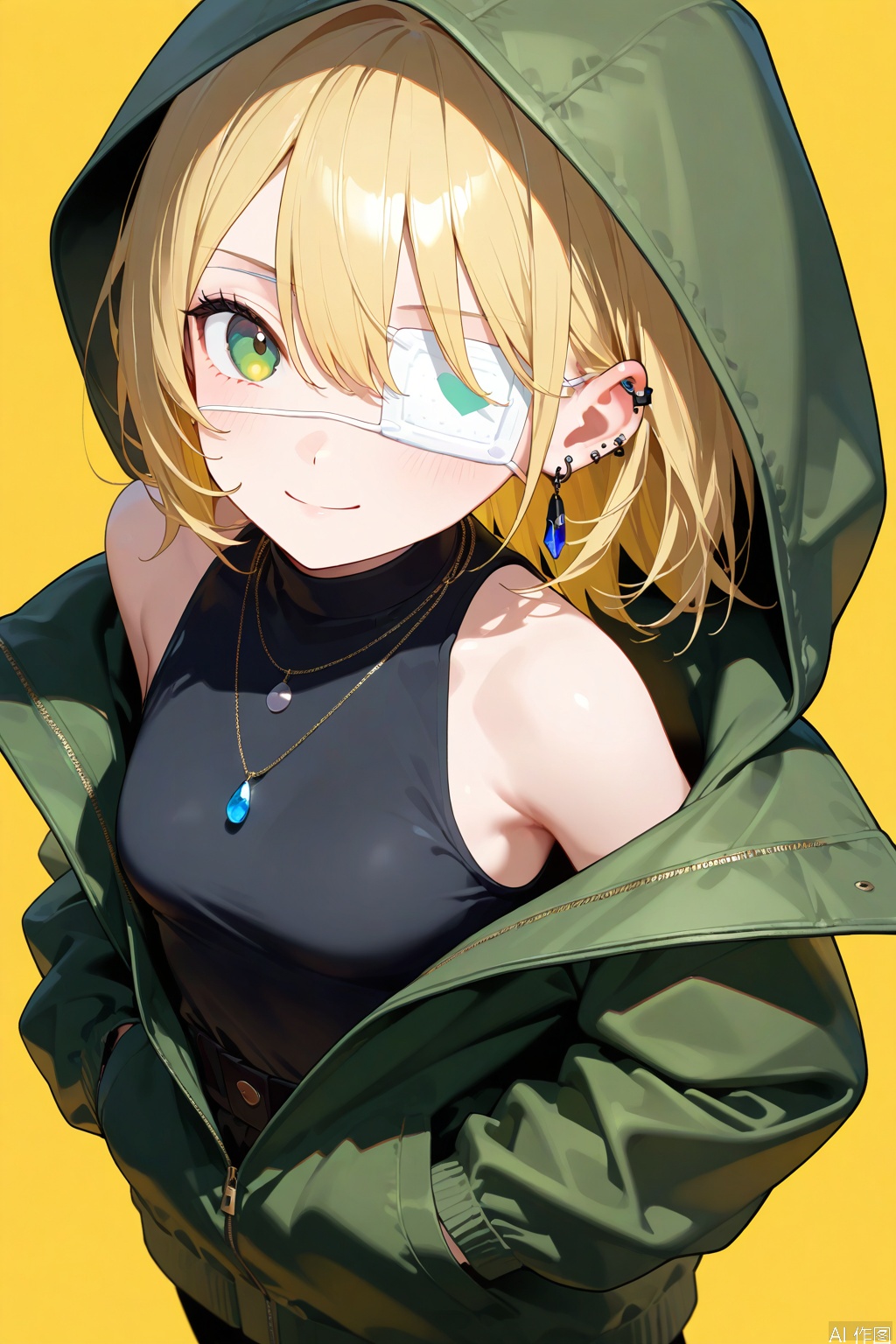 1girl,eyepatch,solo,yellow background,jewelry,medical eyepatch,jacket,hands in pockets,simple background,medium hair,blonde hair,green eyes,piercing,shirt,green jacket,ear piercing,necklace,sleeveless,earrings,closed mouth,upper body,looking at viewer,smile,off shoulder,black shirt,hair between eyes,bare shoulders,breasts,hood,sleeveless shirt,