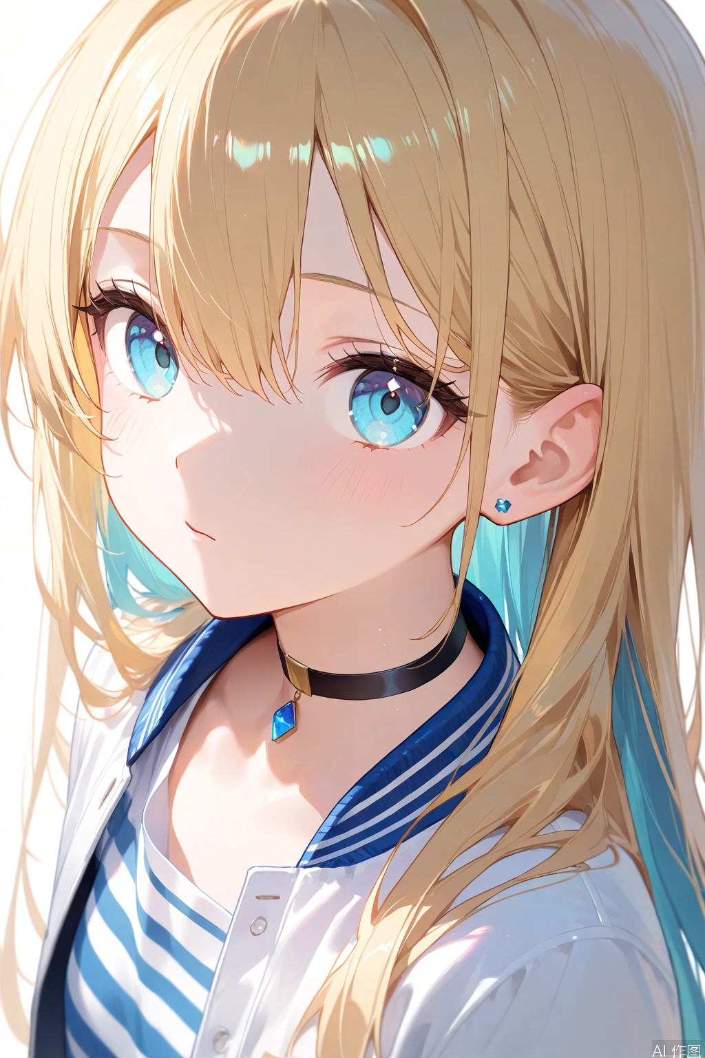1girl, solo, long hair, blue eyes, blonde hair, shirt, white background, hair between eyes, closed mouth, blue hair, jacket, upper body, open clothes, choker, striped, black choker, white jacket, striped shirt