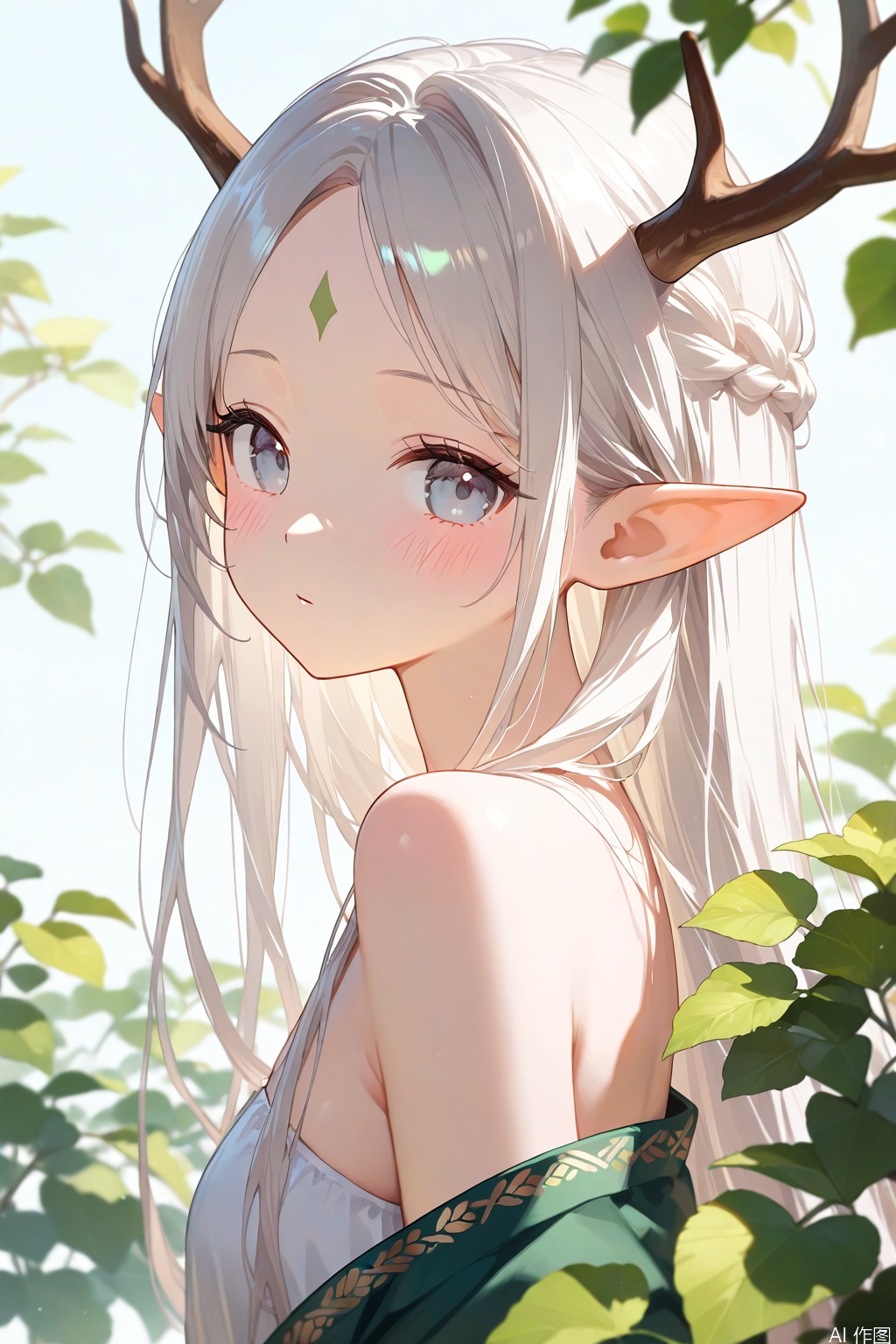 1girl,solo,long hair,looking at viewer,blush,bangs,bare shoulders,upper body,braid,white hair,pointy ears,off shoulder,from side,looking to the side,grey eyes,leaf,facial mark,elf,forehead mark,antlers,