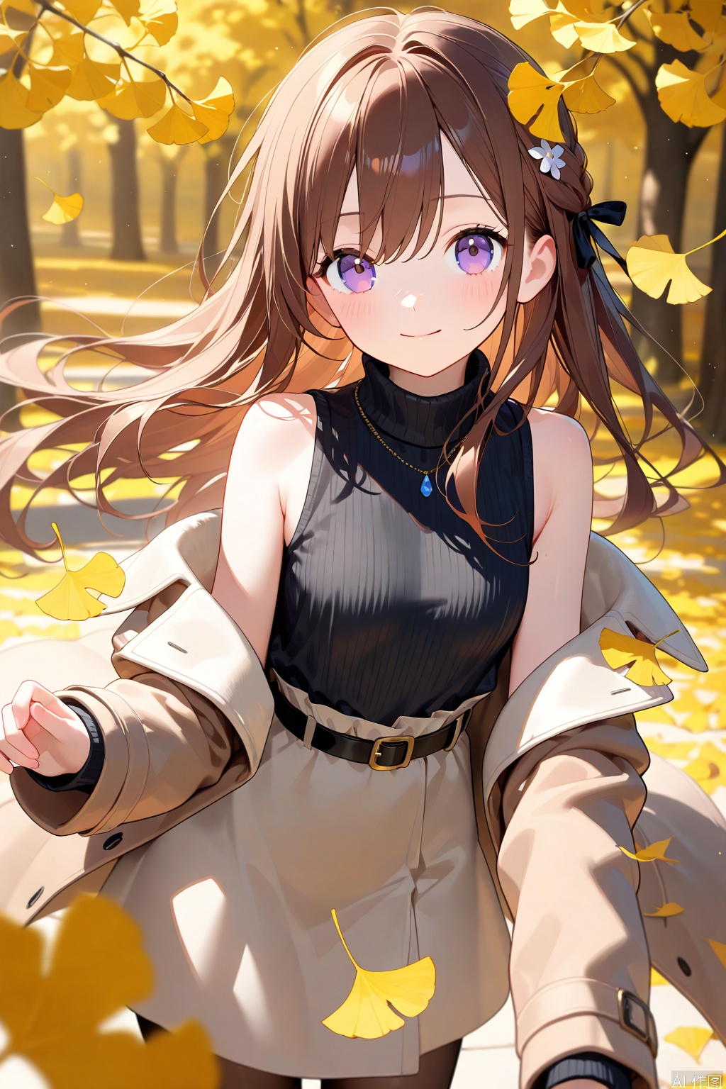1girl, solo, long hair, looking at viewer, smile, bangs, skirt, brown hair, hair ornament, long sleeves, hair between eyes, bare shoulders, closed mouth, purple eyes, braid, sleeveless, belt, off shoulder, blurry, sweater, coat, turtleneck, leaf, ribbed sweater, autumn leaves, black sweater, brown coat, falling leaves, sleeveless sweater, ginkgo leaf