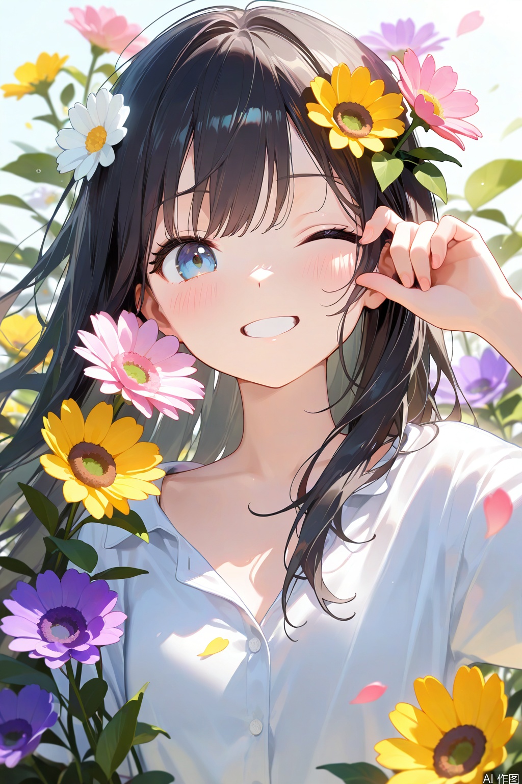 1girl,solo,one eye closed,flower,blush,smile,long hair,looking at viewer,petals,black hair,white flower,yellow flower,upper body,grin,shirt,daisy,pink flower,purple flower,best quality,amazing quality,very aesthetic,
