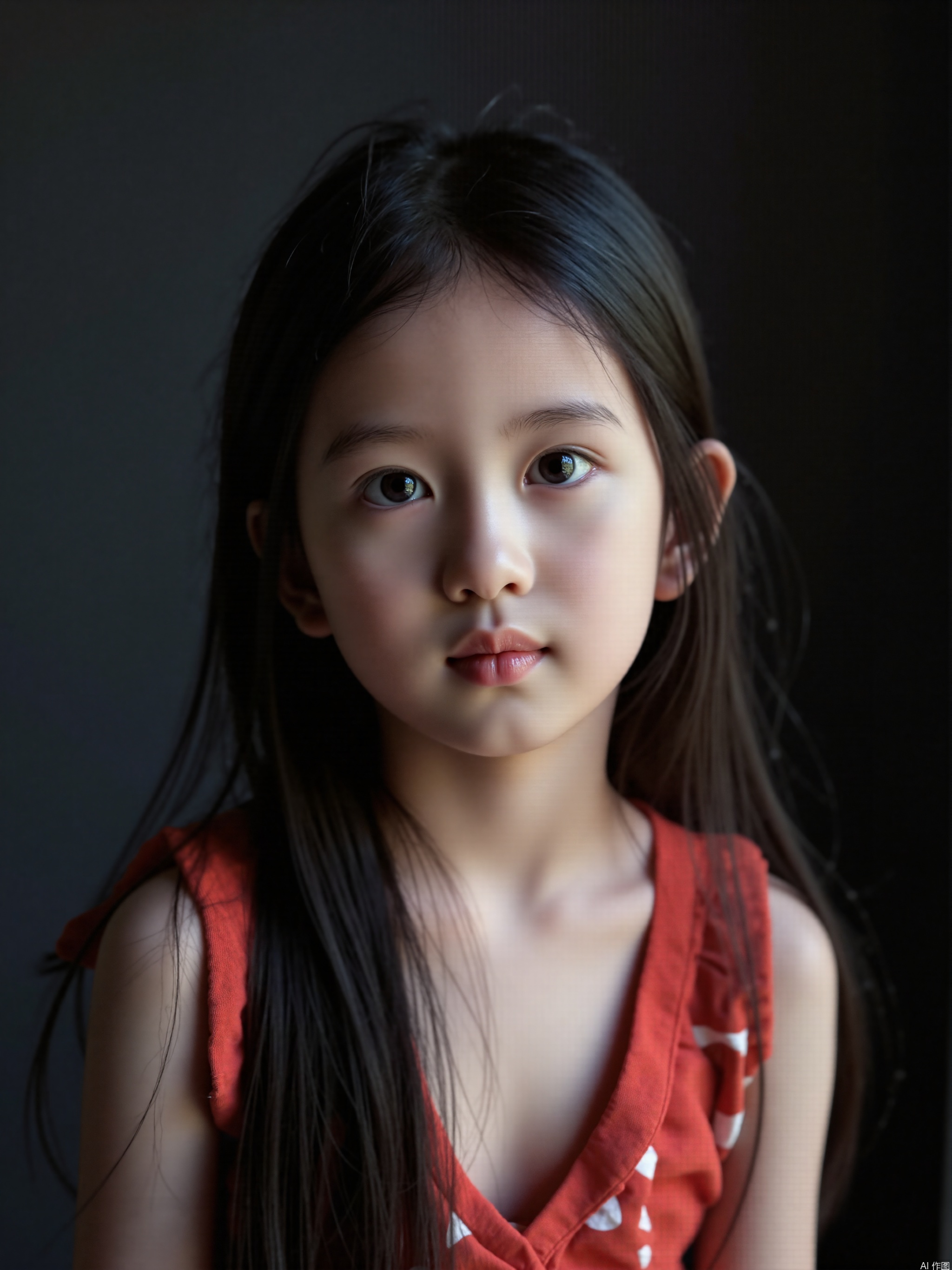 10yo girl, cleavage,solo, long_hair, lips, realistic, closed_mouth, black_hair,
( chiaroscuro,Fujicolor, UHD, super detail ,raw,85mm,f/1.2,FujifilmXT4,),