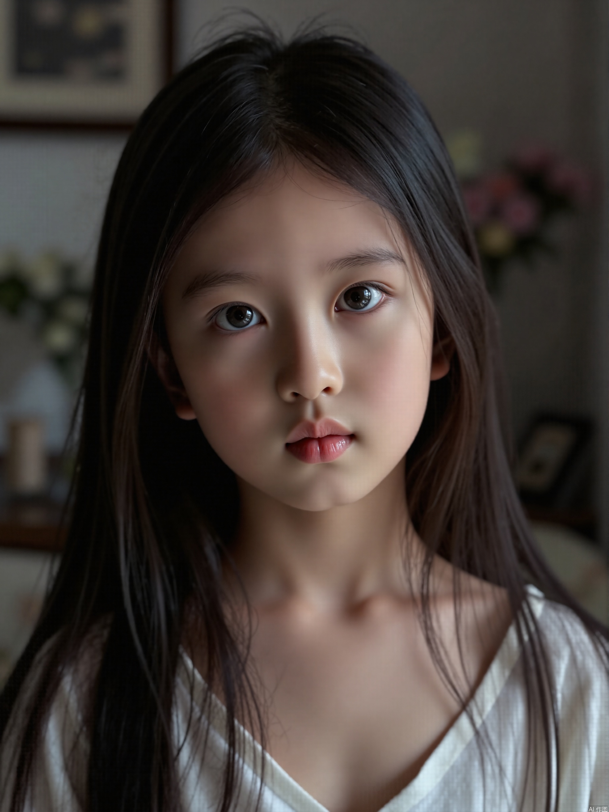 10yo girl, cleavage,solo, long_hair, lips, realistic, closed_mouth, black_hair,
( chiaroscuro,Fujicolor, UHD, super detail ,raw,85mm,f/1.2,FujifilmXT4,),