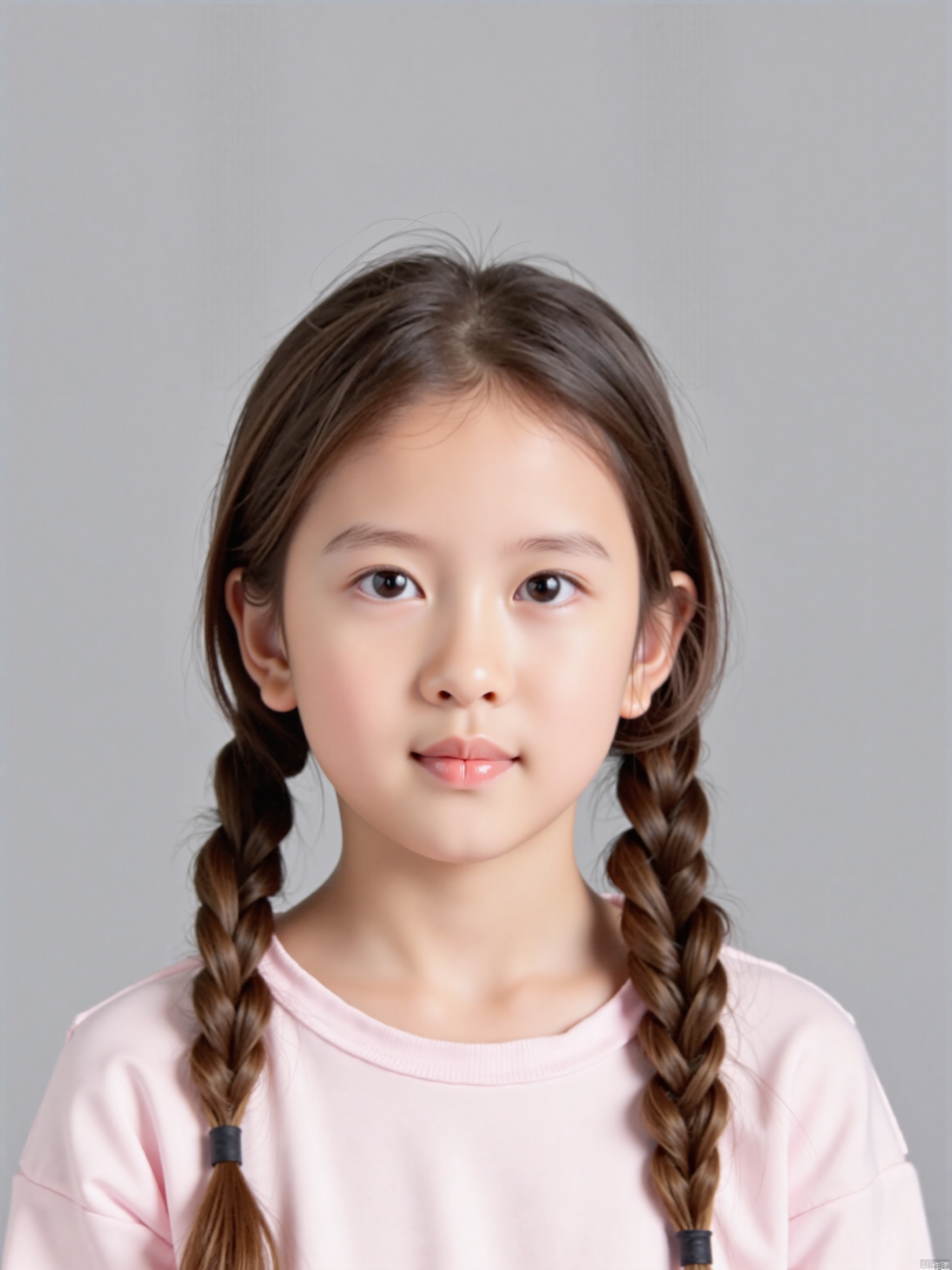 The image shows a young person with long, neatly styled brown hair, parted in the middle and braided on both sides. The person is wearing a light pink top. The background is a plain, neutral gray, providing a simple and clean backdrop that highlights the subject. The overall composition is focused on the individual, with no other objects or distractions present.