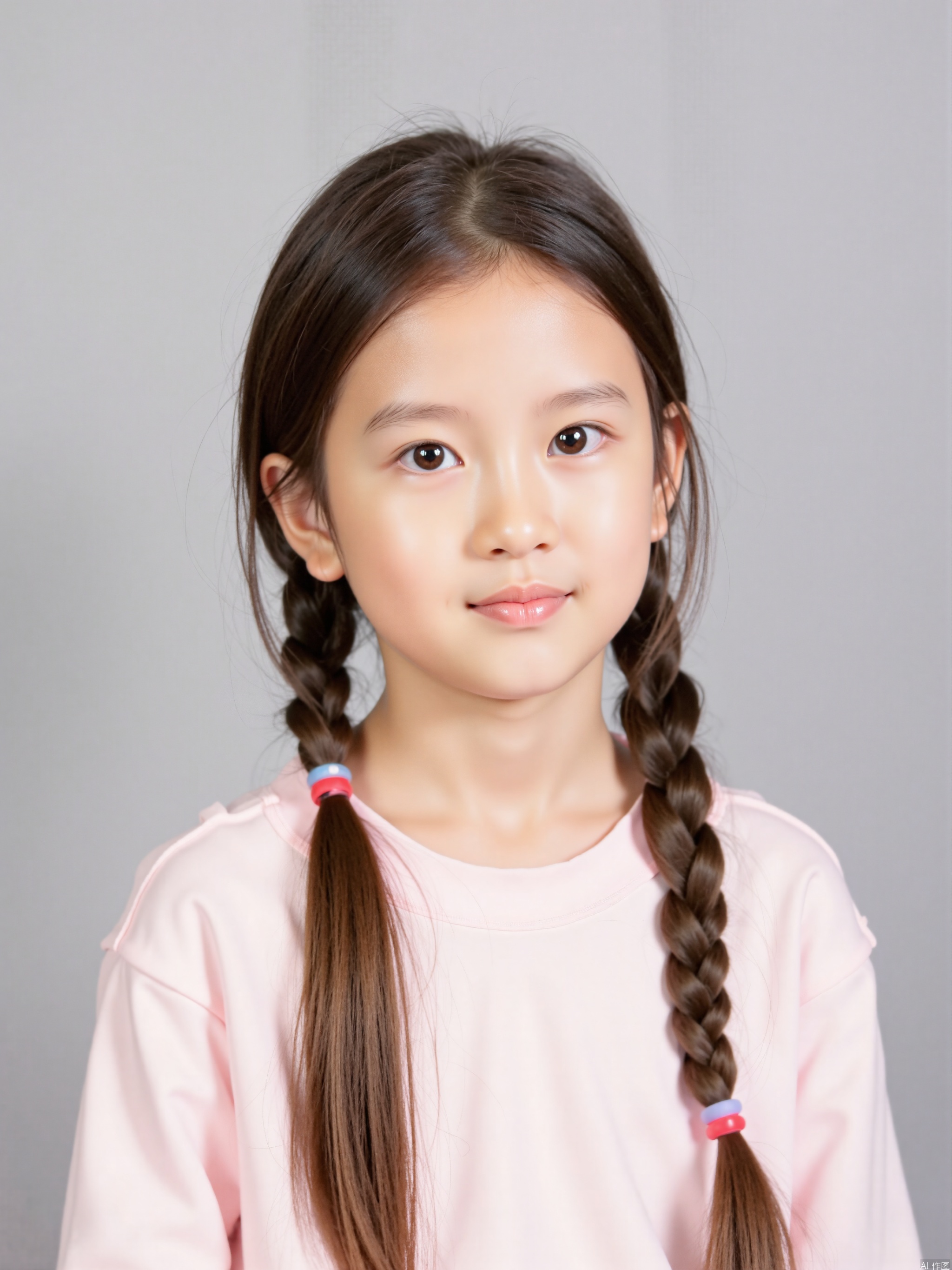 The image shows a young person with long, neatly styled brown hair, parted in the middle and braided on both sides. The person is wearing a light pink top. The background is a plain, neutral gray, providing a simple and clean backdrop that highlights the subject. The overall composition is focused on the individual, with no other objects or distractions present.