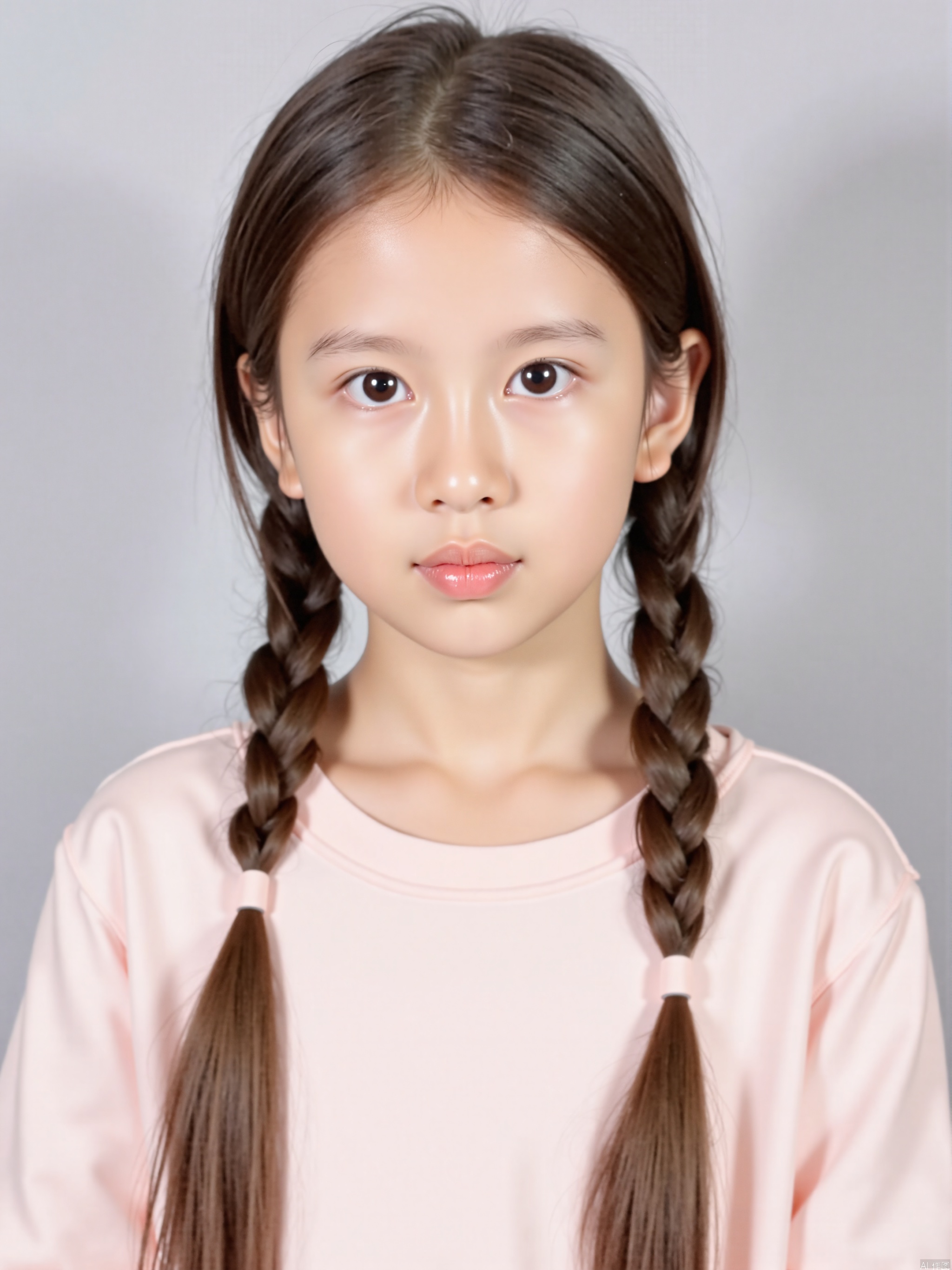 The image shows a young person with long, neatly styled brown hair, parted in the middle and braided on both sides. The person is wearing a light pink top. The background is a plain, neutral gray, providing a simple and clean backdrop that highlights the subject. The overall composition is focused on the individual, with no other objects or distractions present.
