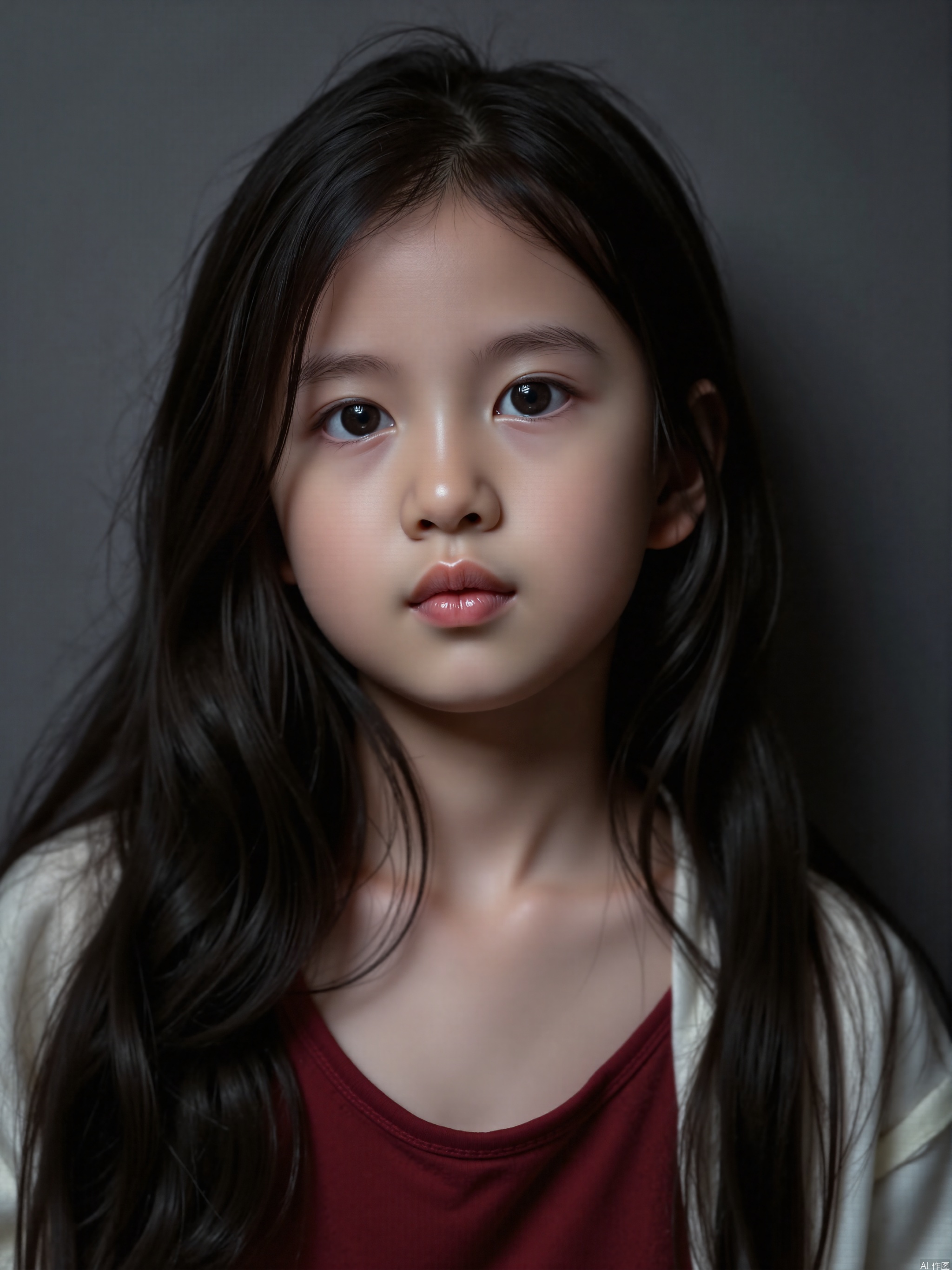 10yo girl, cleavage,solo, long_hair, lips, realistic, closed_mouth, black_hair,
( chiaroscuro,Fujicolor, UHD, super detail ,raw,85mm,f/1.2,FujifilmXT4,),