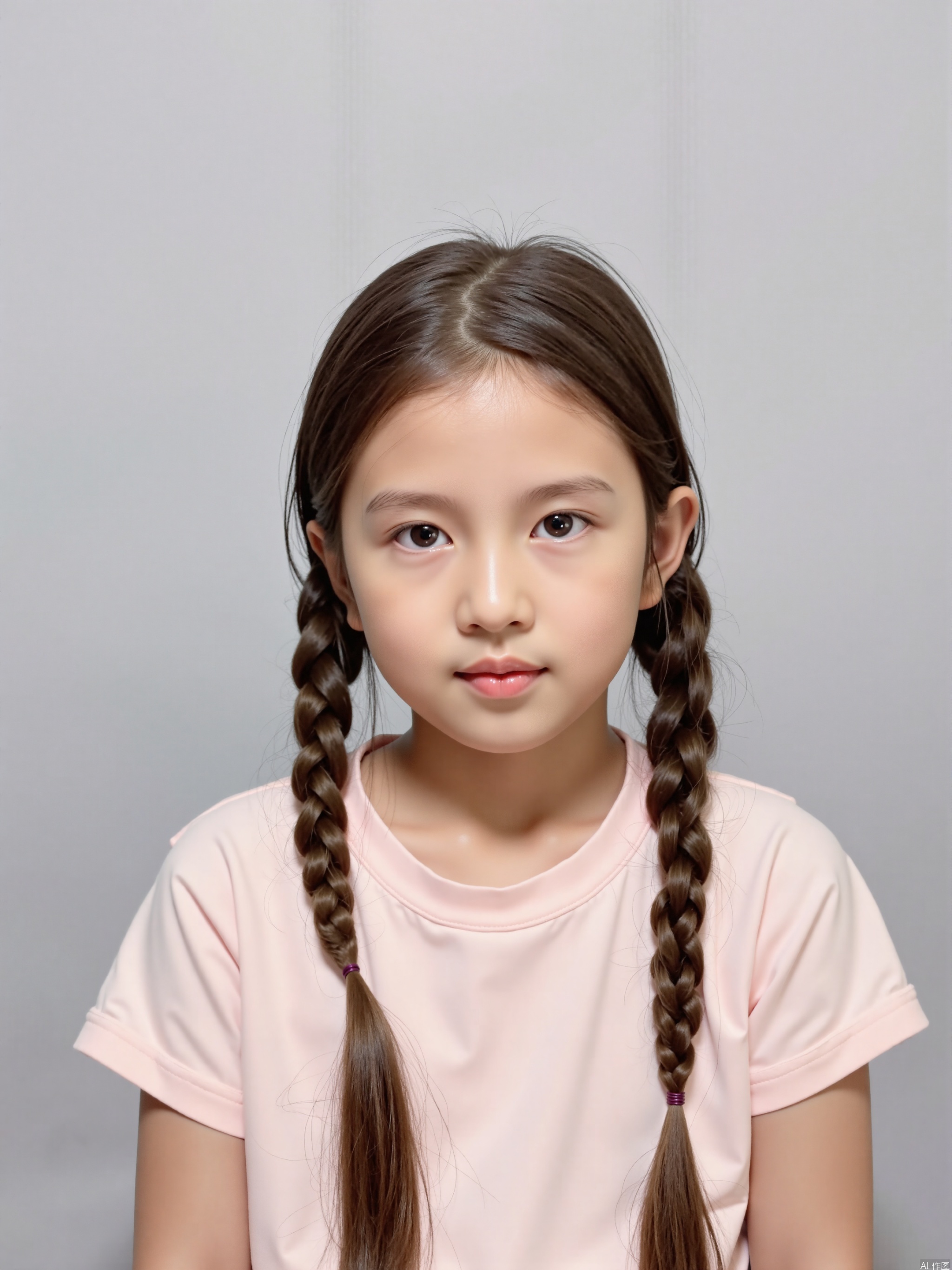 The image shows a young person with long, neatly styled brown hair, parted in the middle and braided on both sides. The person is wearing a light pink top. The background is a plain, neutral gray, providing a simple and clean backdrop that highlights the subject. The overall composition is focused on the individual, with no other objects or distractions present.