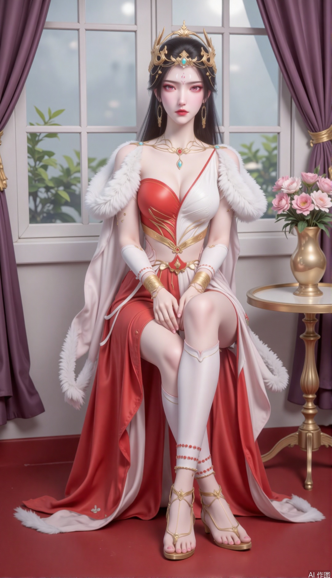 zichu-hongdie, this image depics a charming woman with long black hair, This is her full body image,a golden crown on her head, a green gem in the middle, she has red eyes and delicate makeup, red and white eyeshadows and dark red lips, and a well-crafted gorgeous red and white dress and a red and white dress. The garment has intricate patterns and exhaustively designed accessories, with white fur-like materials on his shoulders as decoration, and his feet have golden anklets. She sat gracefully on a beautifully decorated chair with purple and gold, and a golden vase filled with pink and white flowers was placed on the small table beside the chair. The background is a window with purple curtains, and green plants can be seen vaguely outside the window, creating a luxurious and elegant atmosphere as a whole.