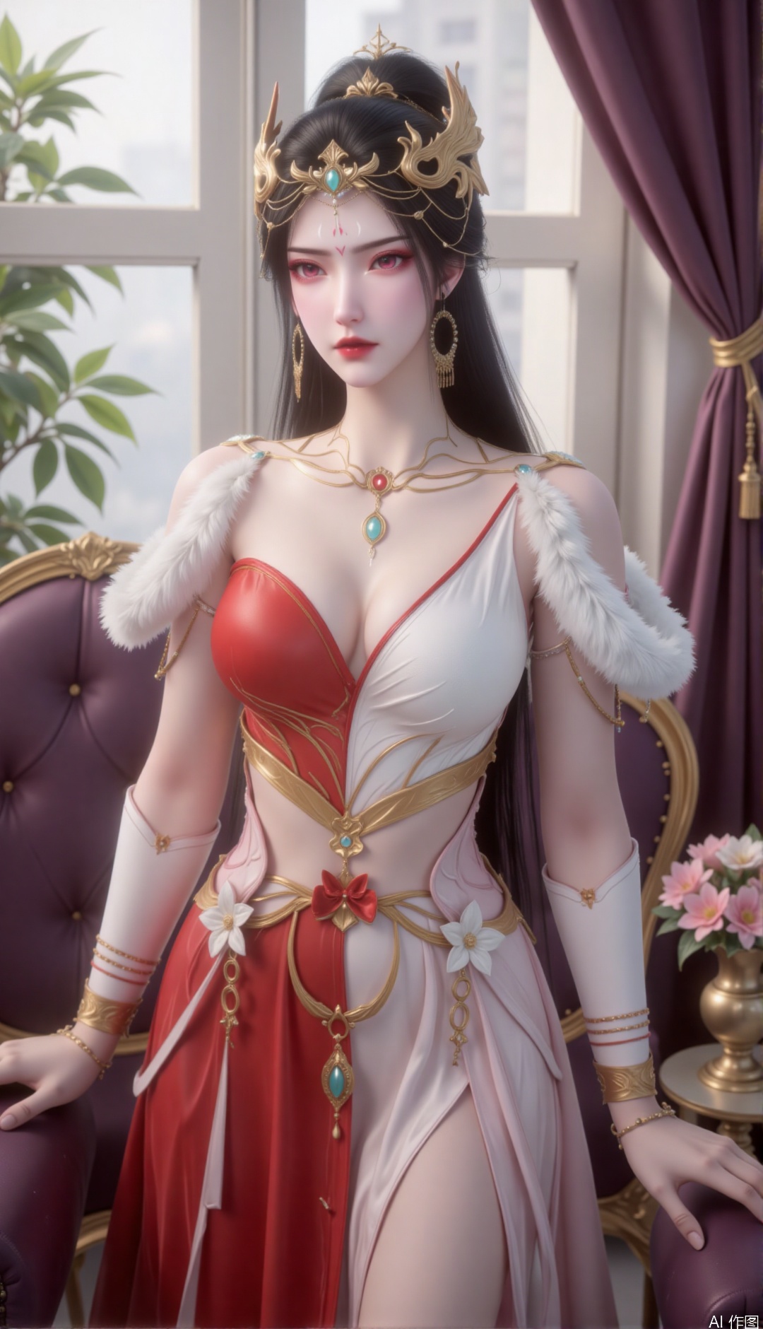 zichu-hongdie, this image depics a charming woman with long black hair, This is her full body image,a golden crown on her head, a green gem in the middle, she has red eyes and delicate makeup, red and white eyeshadows and dark red lips, and a well-crafted gorgeous red and white dress and a red and white dress. The garment has intricate patterns and exhaustively designed accessories, with white fur-like materials on his shoulders as decoration, and his feet have golden anklets. She sat gracefully on a beautifully decorated chair with purple and gold, and a golden vase filled with pink and white flowers was placed on the small table beside the chair. The background is a window with purple curtains, and green plants can be seen vaguely outside the window, creating a luxurious and elegant atmosphere as a whole.