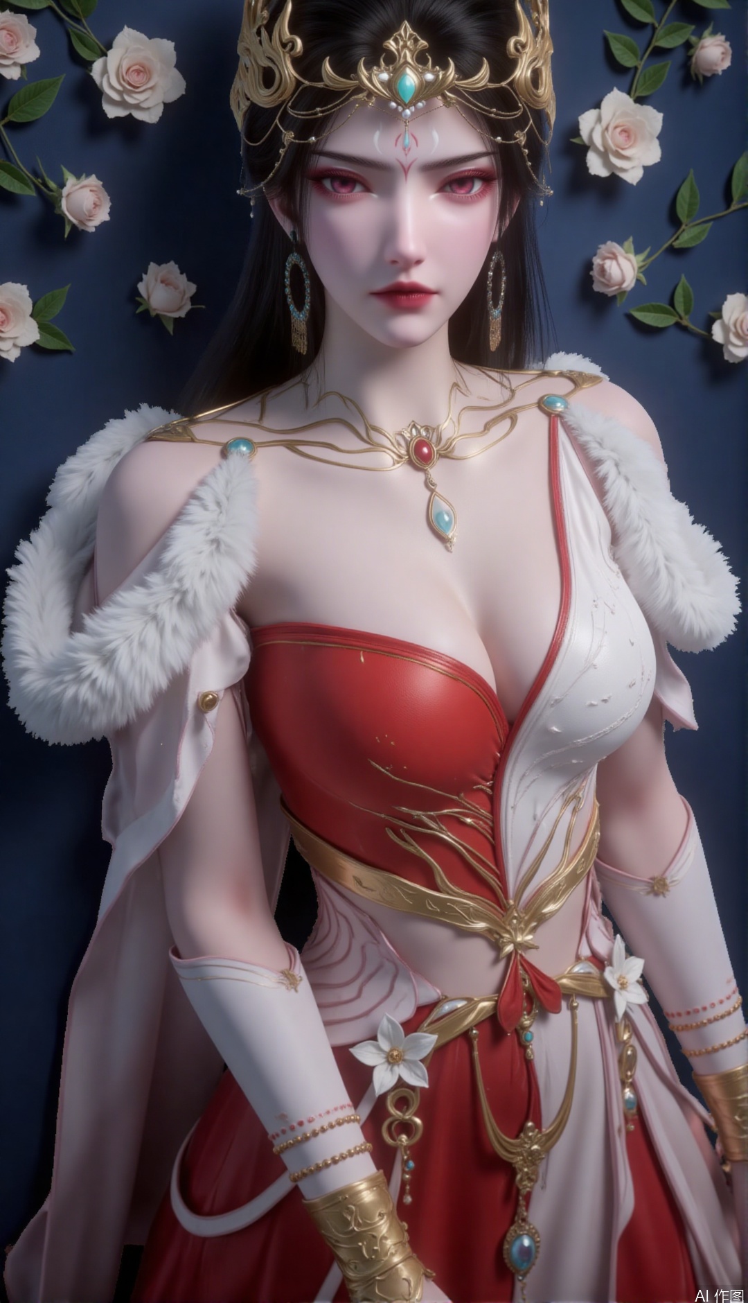 zichu-hongdie, The image depicts a highly stylized and ornate character dressed in elaborate attire. The character is adorned with a golden headpiece featuring intricate designs and a central gemstone. Their eyes are strking, with a vivid red color that contrasts with their pale skin. The character's outfit is predominantly red with gold accents, including floral patterns and a fur-lined shoulder piece. The character also Wears large, dangling earnings and a necklace with a pendant.

She lay on the blue fabric, surrounded by green plants and white flowers, creating a mysterious and elegant atmosphere as if she was a character in the fantasy world.
The light is soft, mainly from the front or diagonally above, making the character's face and body contour clear and the skin texture is delicate. The use of light and shadow highlights the main body, while making the red clothing and roses more vivid and dazzling, enhancing the visual impact of the picture.
It has a realistic and beautiful style. The details of the characters are portrayed exquisitely, from the hair to the folds of the clothes and the texture of the roses are clearly visible, as if the real scene is presented. The color combination is mainly red to create a warm and romantic atmosphere, with a simple background, highlighting the subject, giving people a delicate and artistic visual experience.