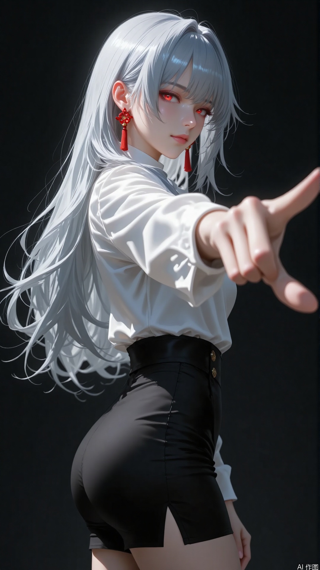 Overall
 
This is a character illustration in the 2D style. Overall, it gives a sense of fashion and individuality. The character image is distinct and prominently stands out, having a strong visual appeal.
 
Art Style
 
It belongs to the typical realistic 2D art style. The lines are smooth and natural, depicting the character in a delicate and refined way. Through meticulous handling of light and shadow, it creates a realistic three - dimensional effect. The color - matching is harmonious, showcasing the unique aesthetic of 2D art.
 
Composition
 
The character is positioned at the center of the picture, becoming the focal point of vision. The character's movements and posture are natural and relaxed. The composition is simple and clear, without any redundant elements, allowing the viewer's gaze to quickly focus on the character.
 
Perspective
 
A side - view perspective is used, which can clearly show the character's hairstyle, facial contours, and body curves. This perspective not only highlights the three - dimensionality of the character but also adds a touch of mystery.
 
Expression
 
The eyes are bright and sharp, revealing a confident and resolute temperament. The facial expression is calm yet firm, as if conveying an unwavering attitude.
 
Hairstyle
 
The long silver - white hair is smooth and shiny. Some strands are fluttering naturally, adding a sense of movement and vitality to the picture. The hairstyle is simple and elegant, highlighting the character's graceful demeanor.
 
Movement
 
The character extends the right hand, making a gesture similar to mimicking a gun. The movement is natural and fluid, full of a sense of motion and power, showing a confident and flamboyant personality.
 
Clothing
 
The upper body wears a white shirt, with the cuffs slightly rolled up, looking casual and competent. Paired with a black short skirt, it highlights the body curves, presenting a stylish and sexy style. The overall clothing combination is simple yet fashionable.
 
Makeup
 
The eye makeup uses red tones, forming a sharp contrast with the silver - white hair, emphasizing the outline of the eyes and making the gaze more piercing. The lip makeup has a natural color. The overall makeup is exquisite and complements the character's overall style.
 
Matching
 
In terms of clothing colors, the white shirt and black short skirt form a classic black - and - white combination, which is simple and fashionable. The red earrings echo the color of the eye makeup, becoming a highlight of the overall look and making the matching more coordinated and unified.
 
Decoration
 
The red earrings have a unique design, adopting the style of Chinese knots with tassel designs. They add an oriental charm and a sense of refinement to the overall look, serving as the crowning touch.
 
Background
 
The background is dark - colored, simple and clean, without excessive detailed depiction. Through the contrast of light and dark with the character, it effectively highlights the character as the main subject, creating a low - key and mysterious atmosphere.
 
Image Quality
 
The picture has a high resolution and rich details. The character's hair strands, clothing textures, etc. are all clearly distinguishable. The color transition is natural, and the image quality is excellent, demonstrating a high - level of drawing proficiency.
