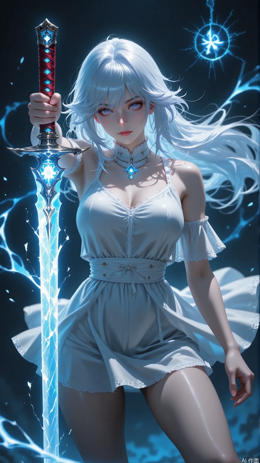 A girl holding a long sword. White hair. Big chest. The shining sword. Magic. Special effects. Mysterious runes. luminescence. Combat posture.