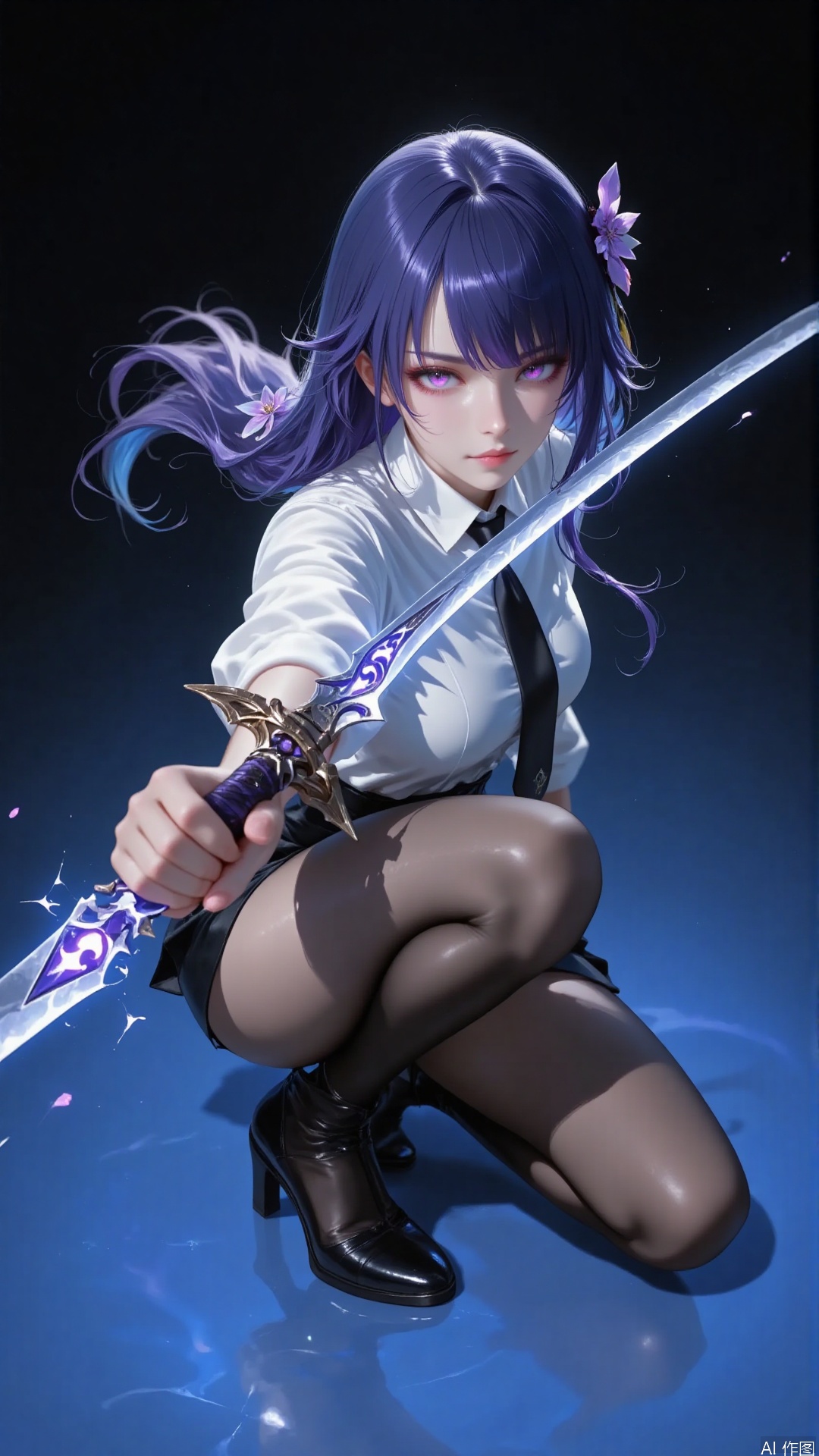 Overall
 
The picture presents a beautifully illustrated 2D - style artwork. The character image is vivid and prominent, with a strong visual appeal.
 
Art Style
 
It belongs to the typical Japanese 2D anime art style. The lines are smooth and delicate, the color matching is harmonious and rich in layers, and the handling of light and shadow is exquisite, creating a dreamy yet realistic visual effect.
 
Composition
 
The character is positioned in the center of the picture, in a squatting pose, holding a sword with one hand, forming a vertical visual guiding line that focuses the viewer's attention on the character and the weapon. The composition is balanced and full of tension.
 
Perspective
 
A slightly upward - looking frontal perspective is adopted, which not only highlights the character's imposing manner but also clearly shows the character's facial expression and overall appearance.
 
Expression
 
The eyes are firm and sharp, revealing confidence and determination. The facial expression is calm, showing a composed and powerful temperament.
 
Hairstyle
 
Long hair in purple - blue color, with part of it braided and hanging down behind. The ends of the hair are lively and flowing. Paired with exquisite hair accessories, it adds a sense of luxury and uniqueness.
 
Movement
 
Kneeling on one knee, holding a long sword steadily with one hand. The posture is elegant and full of a sense of strength, as if ready to strike at any moment. The movement is natural and in line with the character's setting as a fighter.
 
Clothing
 
The upper body is a white shirt paired with a black tie, and the lower body is a black short skirt, together with black stockings and black high - heeled shoes. Overall, it is in the style of an office lady (OL), being capable and stylish.
 
Makeup
 
The eye makeup echoes the hair color, showing a purple tone, enhancing the overall coordination. The lip makeup is natural, highlighting the delicate outline of the face. The makeup is simple yet can highlight the character's temperament.
 
Matching
 
The combination of clothing and weapon is ingenious. The modern OL outfit forms a contrast with the fantasy - style weapon, adding to the character's charm. The hairstyle accessories also complement the clothing and weapon.
 
Decoration
 
The flowers and metal decorations in the hair add a lot to the overall look. The patterns and decorations on the weapon are rich in detail, highlighting luxury and uniqueness.
 
Background
 
The gradient background of pure black and pure blue is simple and clean, without any redundant elements to distract. It effectively highlights the main character and creates a mysterious atmosphere.
 
Image Quality
 
The picture has a high resolution and rich details. The character's hair strands, clothing textures, weapon special effects, etc. are all clearly visible, and the color transition is natural. The image quality is excellent.