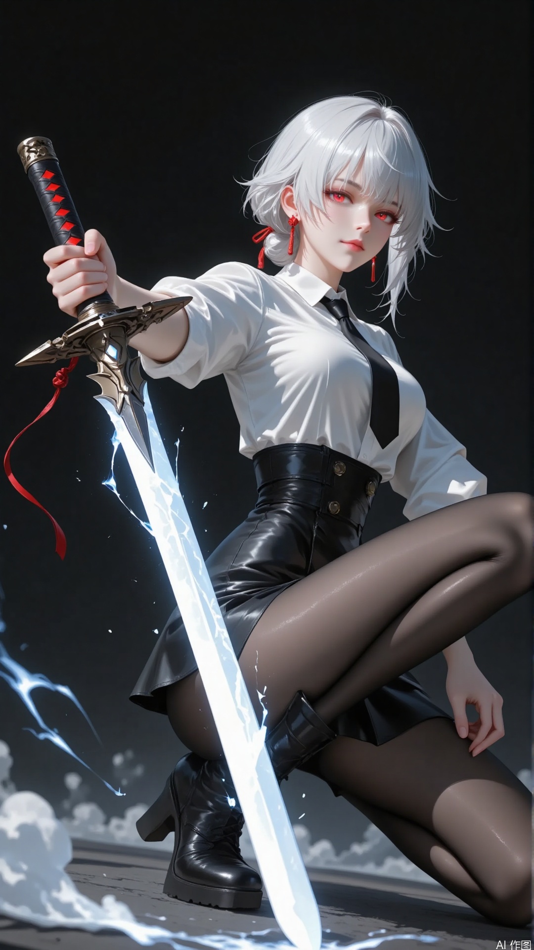 Overall
 
The picture presents a delicate 2D - style illustration. The character stands out prominently, with a visually appealing effect that creates a unique atmosphere.
 
Art Style
 
It is in the typical 2D anime art style. The lines are smooth, and the color application is vivid with strong contrasts. Through delicate handling of light and shadow, it creates a character image with both a sense of three - dimensionality and authenticity.
 
Composition
 
The character is positioned at the center of the picture, becoming the focal point of vision. The natural combination of the character's body movements and the weapon held constructs a stable and dynamic picture structure, guiding the viewer's gaze to focus on the character.
 
Perspective
 
A close - up perspective is used, which can clearly display the character's facial expressions, clothing details, and weapon features, giving people an intuitive feeling of being on - site and observing the character up close.
 
Expression
 
The eyes are sharp and a bit cold, revealing a determined and resolute temperament. The facial expression is calm yet hides power, as if conveying a spirit of fearlessness.
 
Hairstyle
 
The short white hair is neatly styled, with the ends slightly upturned, adding a bit of playfulness and liveliness. The small braid tied with a red string at the back of the head is the highlight of the hairstyle, highlighting a unique style.
 
Movement
 
Kneeling on one knee with one hand on the sword, the posture not only shows a sense of power but also elegance. It seems as if the character is in a state of readiness for battle or on alert, with natural movements that are in line with the character's setting.
 
Clothing
 
The upper body features a simple white shirt paired with a black tie, exuding competence in a formal way. The lower body consists of a black leather skirt and black stockings, which highlight the figure's curves and show a cool style. The thick - soled high - heeled boots not only increase height but also enhance the overall aura.
 
Makeup
 
The eye makeup is mainly red, forming a sharp contrast with the white hair, emphasizing the outline of the eyes and making the gaze sharper. The lip makeup has a natural color, coordinating with the overall cold and glamorous style, further enhancing the character's refined look.
 
Matching
 
The clothing and accessories are harmoniously matched. The main black - and - white - toned clothing is accented with red elements, such as earrings and the hair string, creating visual impact and balance. The style of the clothing also echoes that of the weapon, jointly shaping the character's image.
 
Decoration
 
The red earrings are uniquely shaped and may sway slightly with the character's movements, adding a sense of dynamism. The red string in the hair is simple yet ingenious, serving to decorate the hairstyle and add a highlight.
 
Weapon
 
The sword is uniquely designed. The handle part has clear patterns and exquisite decorations, and the blade has an electro - optical effect flashing. It not only reflects the weapon's。but also implies that it may possess special abilities or attributes.
 
Background
 
The dark background forms a light - and - dark contrast with the character, highlighting the character's dominant position. The cloud elements at the bottom add a sense of layering and a fantasy atmosphere to the picture, preventing it from being monotonous.
 
Image Quality
 
The picture has a high resolution with rich details. The character's hair strands, clothing textures, weapon details, etc. are all clearly distinguishable, and the color transition is natural. The overall image quality is excellent, demonstrating a high production standard.