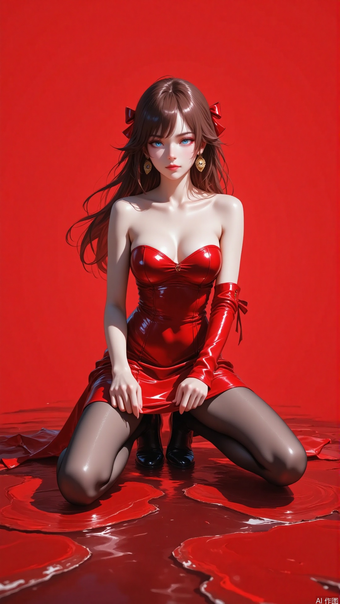 Overall
 
The picture presents a character illustration in a 2D style with a strong visual impact. The character image is distinct, the color application is bold, and the overall atmosphere is fashionable and full of tension.
 
Art Style
 
It belongs to the refined realistic 2D art style. The lines are delicate and smooth, vividly depicting the character's body shape and the texture of the clothing. The handling of light and shadow is appropriate, enhancing the three - dimensional and realistic feel of the picture.
 
Composition
 
The character is positioned at the center of the picture, becoming the focal point. The character's posture and the lines of the clothing extend naturally, creating a stable and aesthetically pleasing picture structure without any redundant elements, which is simple and clear.
 
Perspective
 
A frontal and eye - level perspective is adopted, which can completely and clearly display the character's facial expressions, body proportions, and overall appearance, giving a direct and intimate visual experience.
 
Expression
 
The facial expression is calm and indifferent, with clear and bright eyes, showing a calm and confident temperament. Without excessive emotional fluctuations, it still exudes a unique charm.
 
Hairstyle
 
The long brown - red hair drapes over the shoulders, with the ends falling naturally. Some of the hair is tied into pigtails and adorned with red bows, adding a sweet and playful touch, and echoing the overall style at the same time.
 
Movement
 
Kneeling on both knees, one hand gently pulling the hem of the skirt, the posture is elegant and slightly sexy. The movement is natural and smooth, showing both the femininity of a woman and a certain expressiveness, as if freezing a moment with a story.
 
Clothing
 
A strapless bright red short dress, the material looks like patent leather with a strong sheen, highlighting the curves of the body, showing a sexy and fashionable style. It echoes the background color, strengthening the visual unity.
 
Makeup
 
The eye makeup is fresh and natural, with bright and expressive blue eyes, paired with exquisite eyebrows; the lip makeup has a natural color, matching the fashion sense of the overall look. The overall makeup is simple yet highlights the character's delicacy and elegance. (Large breasts.)
 
Matching
 
The clothing and hairstyle are coordinated. The red - colored clothing corresponds to the bows in the hair; the black stockings contrast with the red clothing, and match with the shoes on the feet, enhancing the fashion sense and integrity of the overall look.
 
Decoration
 
The golden earrings are simple and elegant in shape. They may glisten under the light, adding a touch of luxury to the overall look, playing a decorative role and enhancing the refinement.
 
Background
 
The pure red background is simple and grand, echoing the color of the character's clothing, creating a unified and intense visual atmosphere. The red reflective effect on the ground, similar to liquid, adds to the fashion and uniqueness of the picture.
 
Image Quality
 
The picture has a high resolution and rich details. The character's hair strands, skin texture, clothing folds, and sheen are all clearly distinguishable. The color transition is natural, and the image quality is excellent, reflecting a high - level of production.