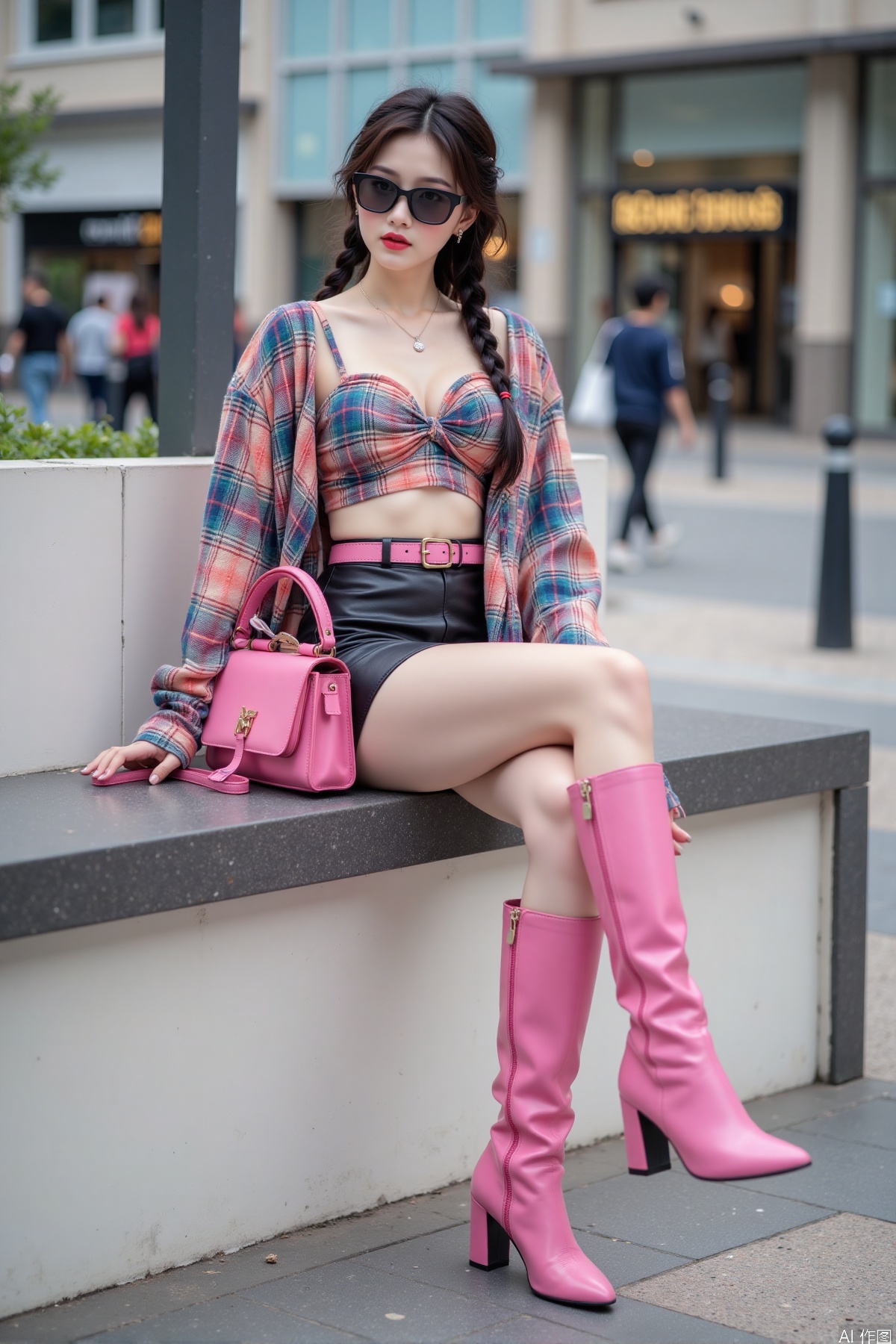 Realistic photo, one young woman, braided long hair, sunglasses, fair skin, big breast, colorful plaid crop top, pink handbag, short leather skirt, pink belt, long legs, long pink boots, full body, sitting, bench, large commercial square,