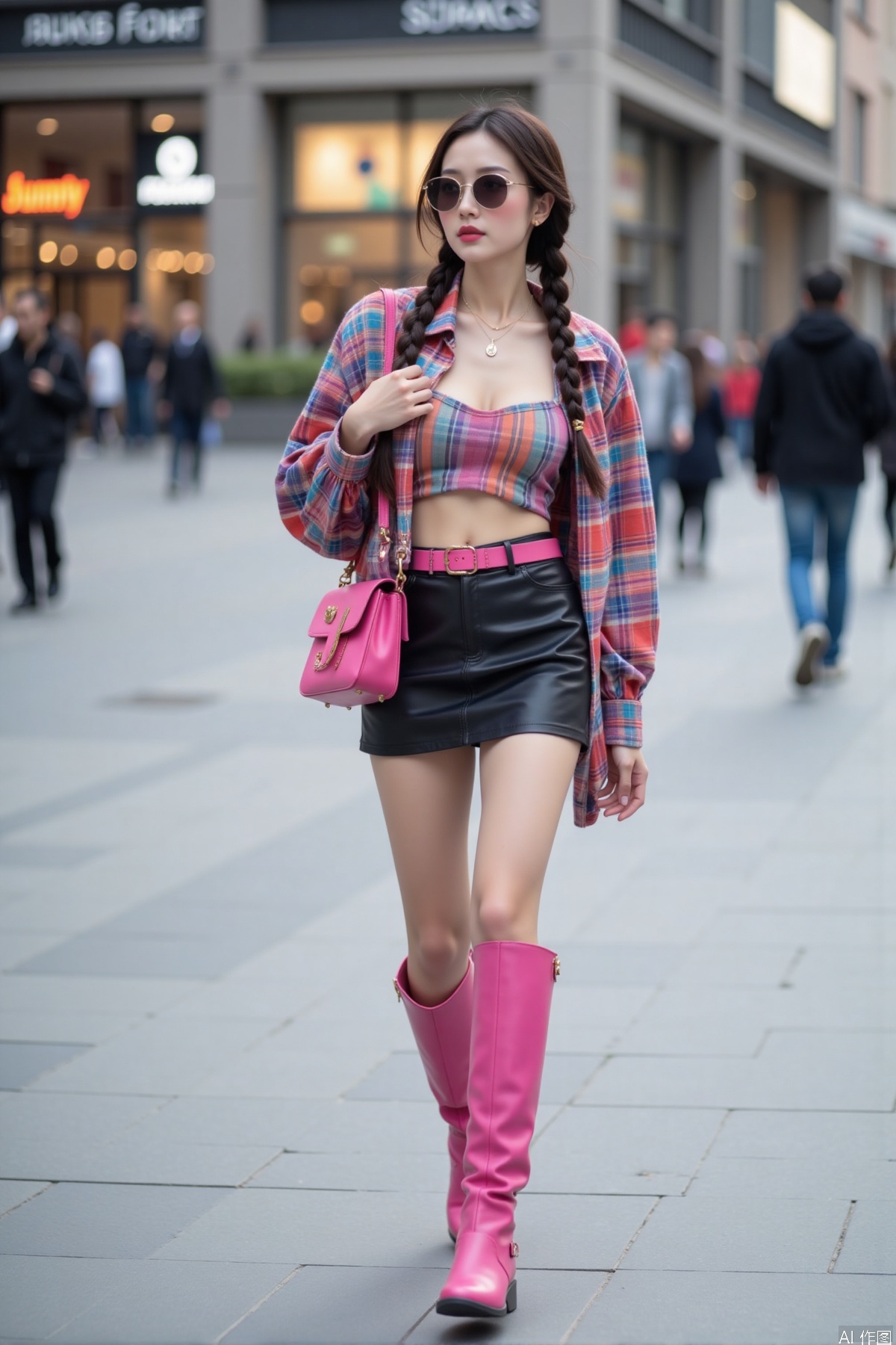 Realistic photo, one young woman, braided long hair, sunglasses, fair skin, big breast, colorful plaid crop top, pink handbag, short leather skirt, pink belt, long legs, long pink boots, full body, walking, large commercial square,
