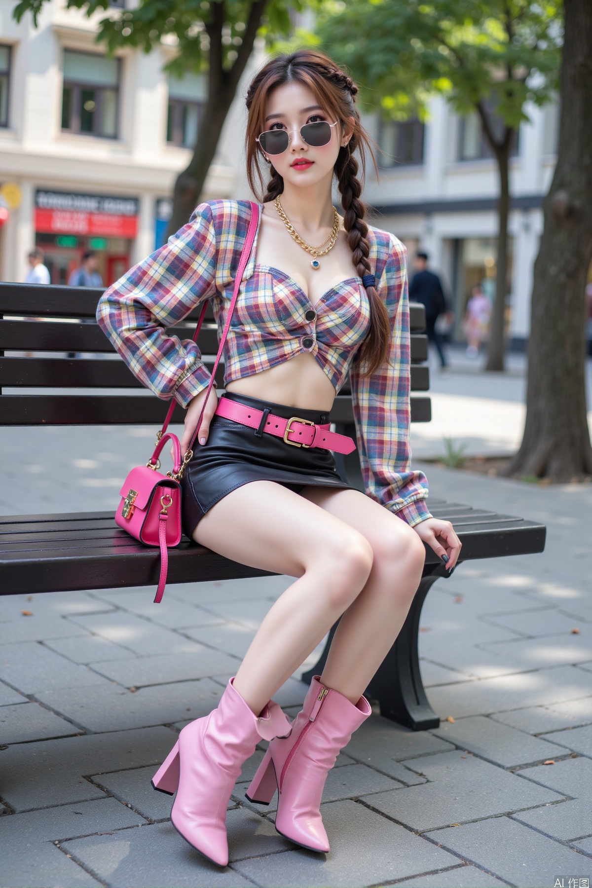 Realistic photo, one young woman, braided long hair, sunglasses, fair skin, big breast, colorful plaid crop top, pink handbag, short leather skirt, pink belt, long legs, long pink boots, full body, sitting, bench, large commercial square,