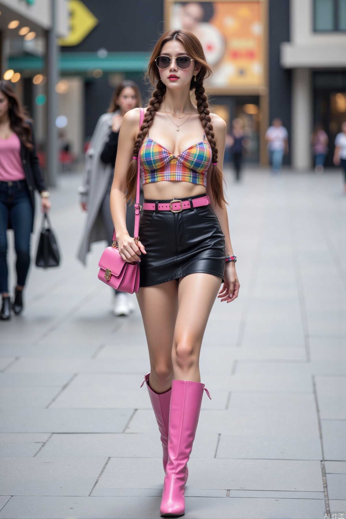 Realistic photo, one young woman, braided long hair, sunglasses, fair skin, big breast, colorful plaid crop top, pink handbag, short leather skirt, pink belt, long legs, long pink boots, full body, walking, large commercial square,