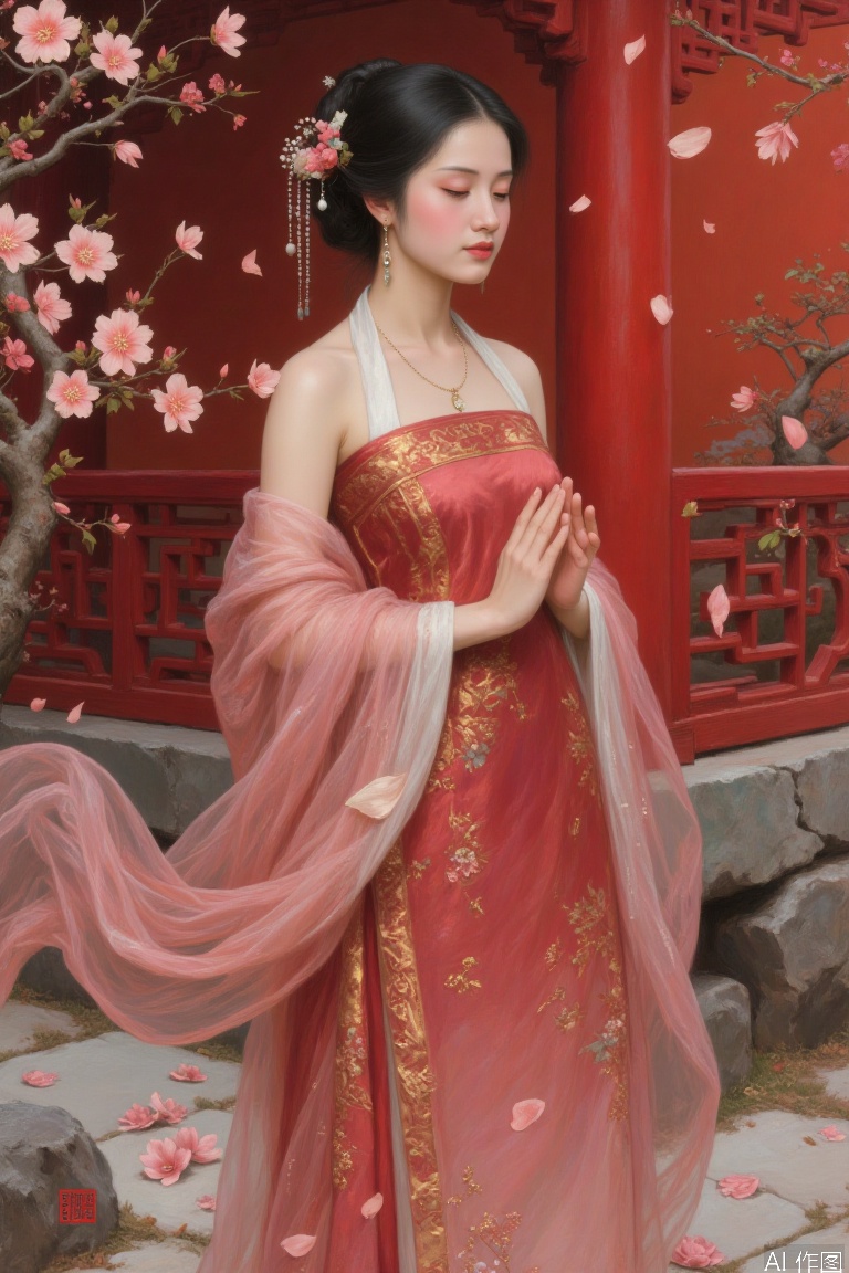 Realistic portrait oil painting, Asian women are meditating on Go in the vermilion pavilion, crimson gauze and silk raise petals with the air flow, Rembrandt light strengthens the three-dimensional sense of facial features, background fine brushwork techniques depict the texture of Taihu stone rubbing