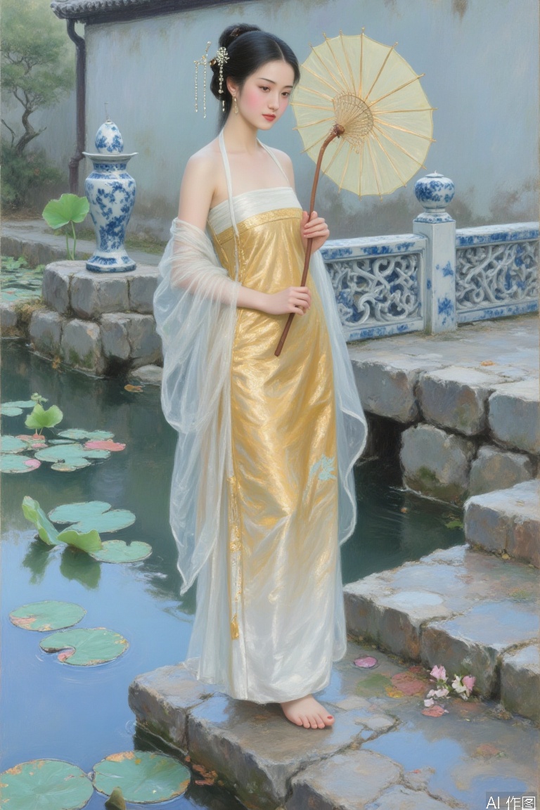 The full body image of classical oil paintings, Asian beauty stands on the rock steps of the lotus pond with an oil paper umbrella, and the golden horse's face skirt reflects the ripples of water. The blue and white porcelain pattern railings appear in the background blur, and the trajectory of rain wire is presented by transparent dyeing techniques.