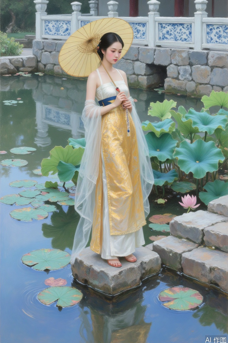 The full body image of classical oil paintings, Asian beauty stands on the rock steps of the lotus pond with an oil paper umbrella, and the golden horse's face skirt reflects the ripples of water. The blue and white porcelain pattern railings appear in the background blur, and the trajectory of rain wire is presented by transparent dyeing techniques.