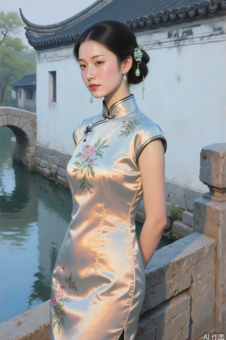Realistic oil painting bust, Asian woman wearing Suzhou embroidered cheongsam stands on the stone bridge in the water town, satin fabric is shiny in the morning light, classical hairpins are inserted into jade hairpins, background atomization is reflected in the outline of black tiles and white walls