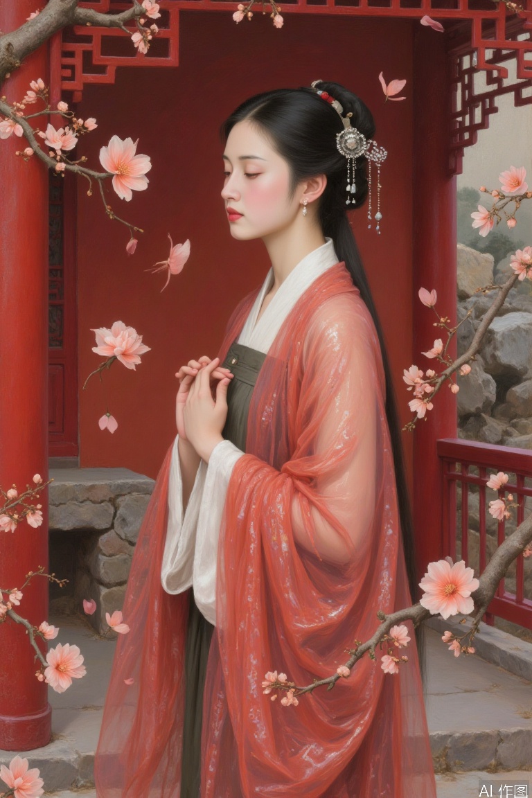 Realistic portrait oil painting, Asian women are meditating on Go in the vermilion pavilion, crimson gauze and silk raise petals with the air flow, Rembrandt light strengthens the three-dimensional sense of facial features, background fine brushwork techniques depict the texture of Taihu stone rubbing