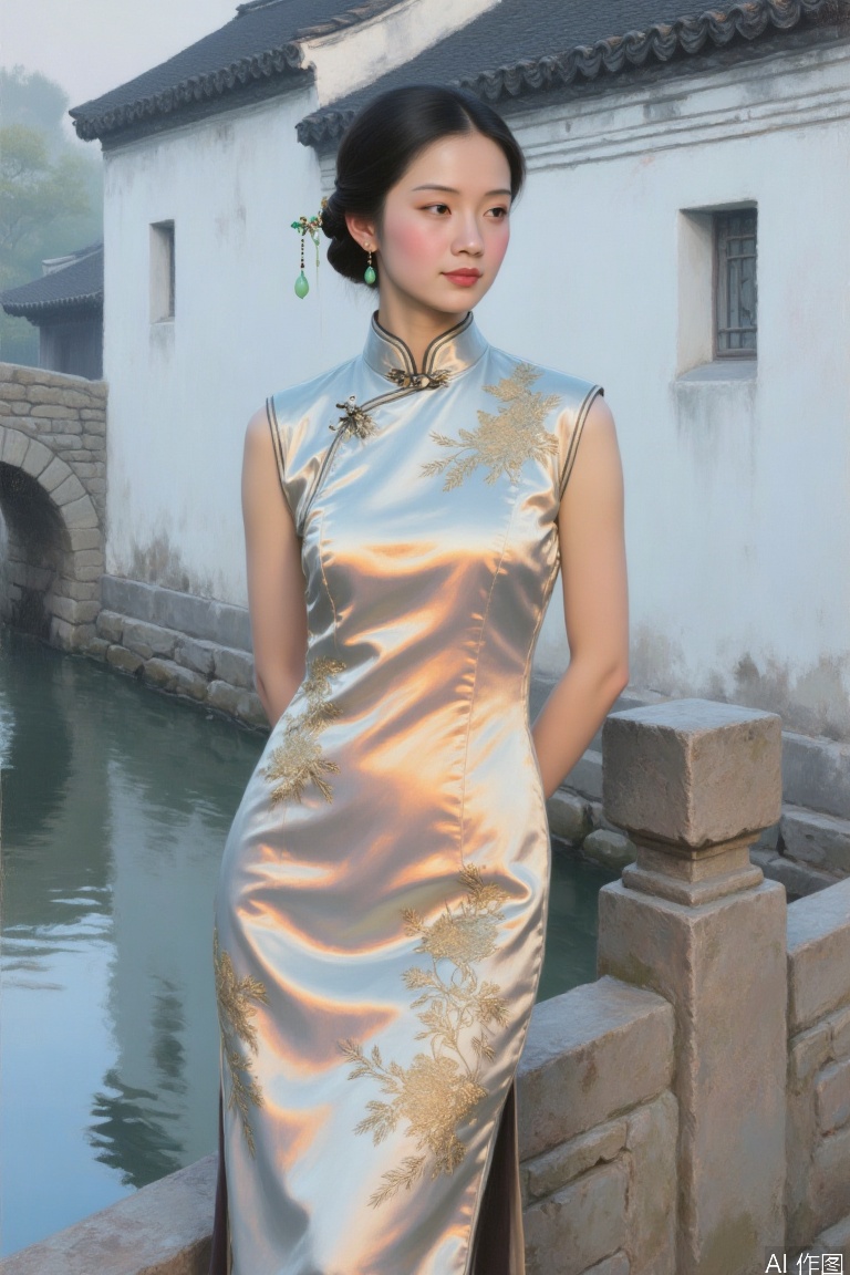Realistic oil painting bust, Asian woman wearing Suzhou embroidered cheongsam stands on the stone bridge in the water town, satin fabric is shiny in the morning light, classical hairpins are inserted into jade hairpins, background atomization is reflected in the outline of black tiles and white walls